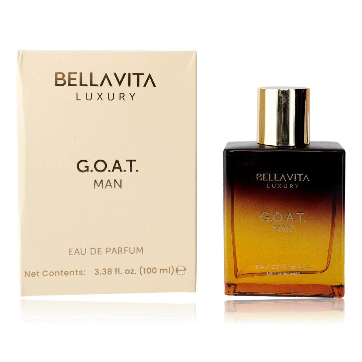 Men's EDP perfume set: amber bottle with gold cap and Bellavita G.O.A.T. box