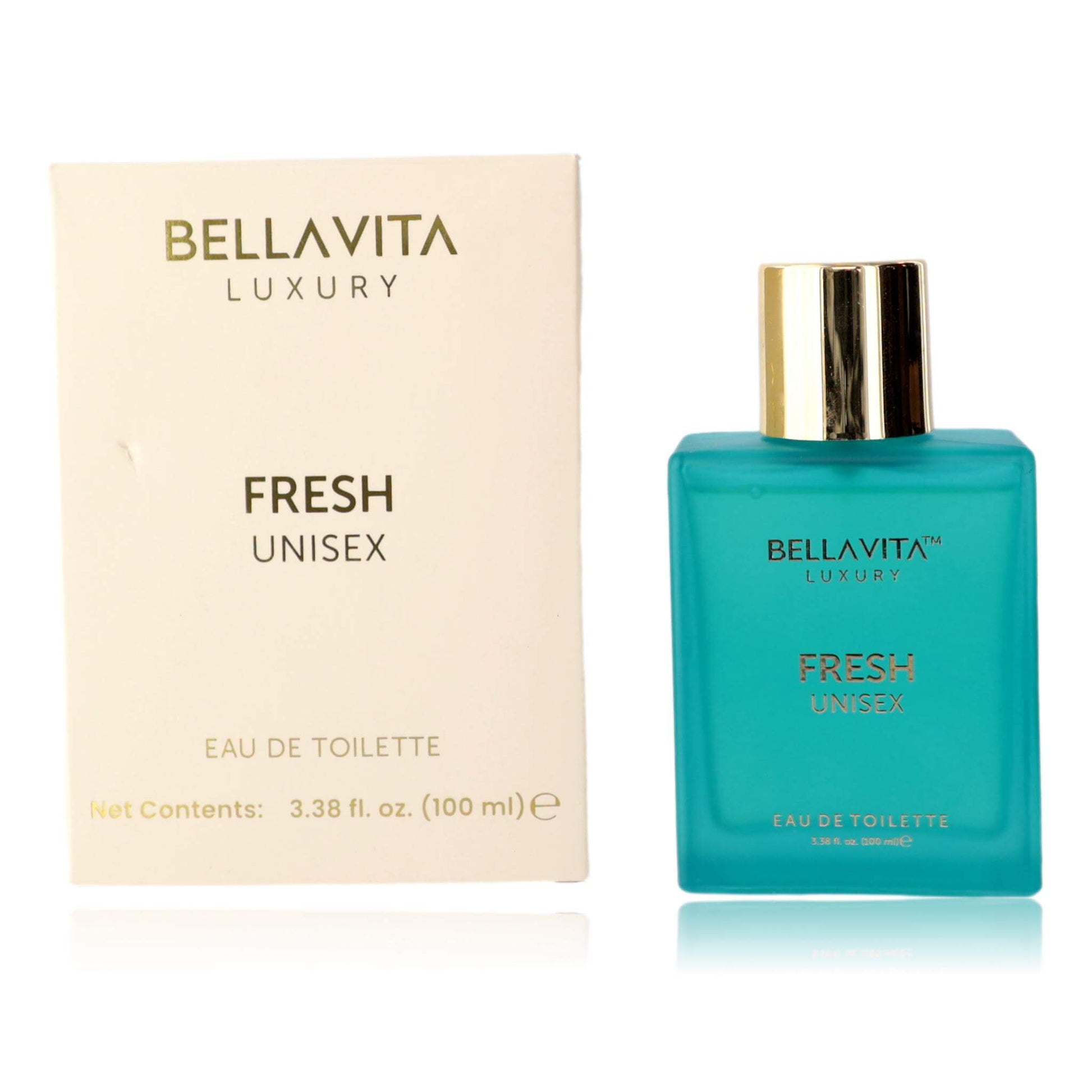 Bellavita Fresh unisex eau de toilette spray bottle with gold cap and box, turquoise