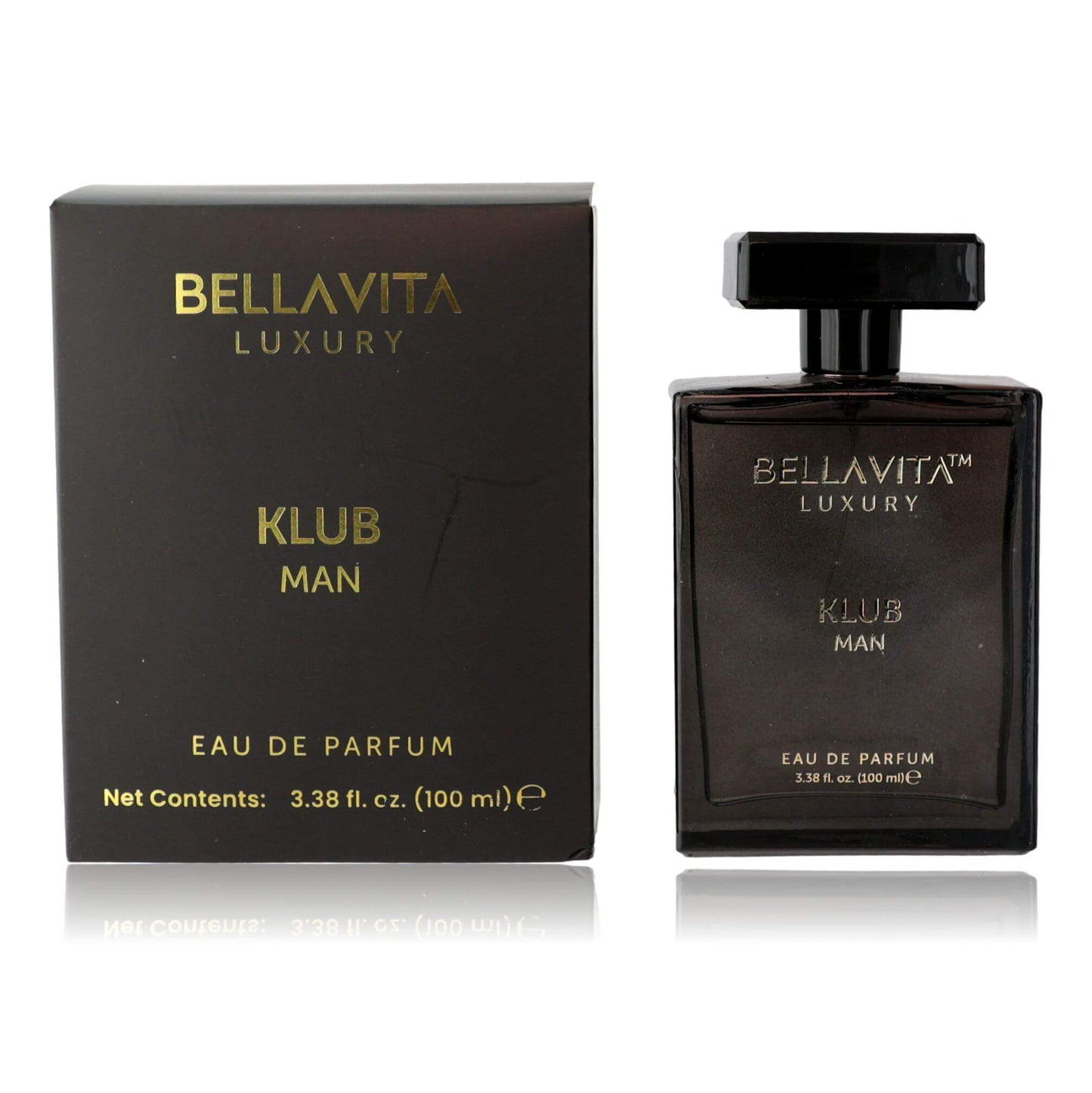 Men's Klub Man EDP spray, dark bottle with black cap and matching gift box.