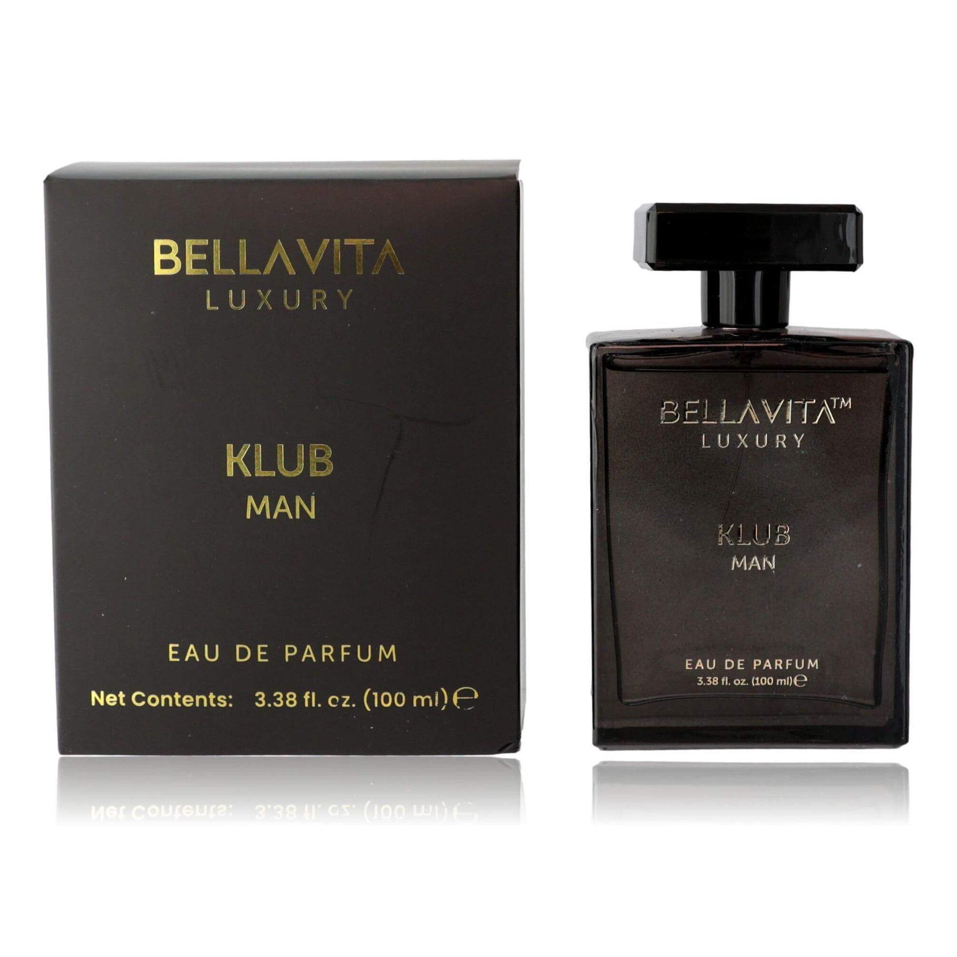 Men's Klub Man EDP spray, dark bottle with black cap and matching gift box.