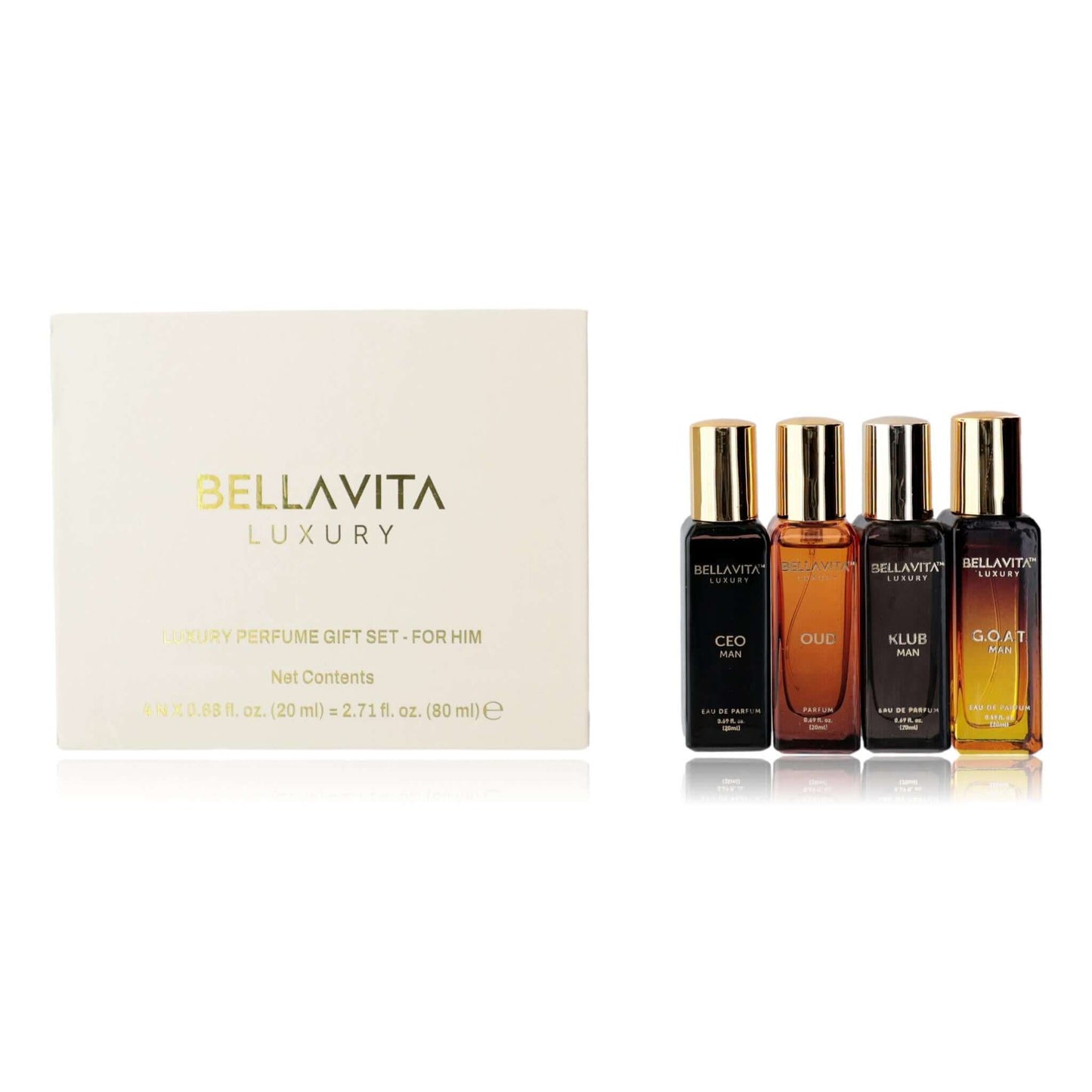 Men's luxury perfume gift set with four cologne bottles and gold-capped packaging box