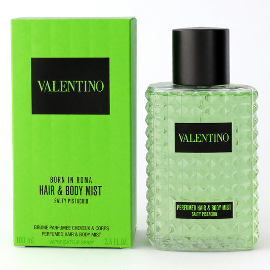 Valentino Born in Roma Hair & Body Mist bottle with green glass and black cap