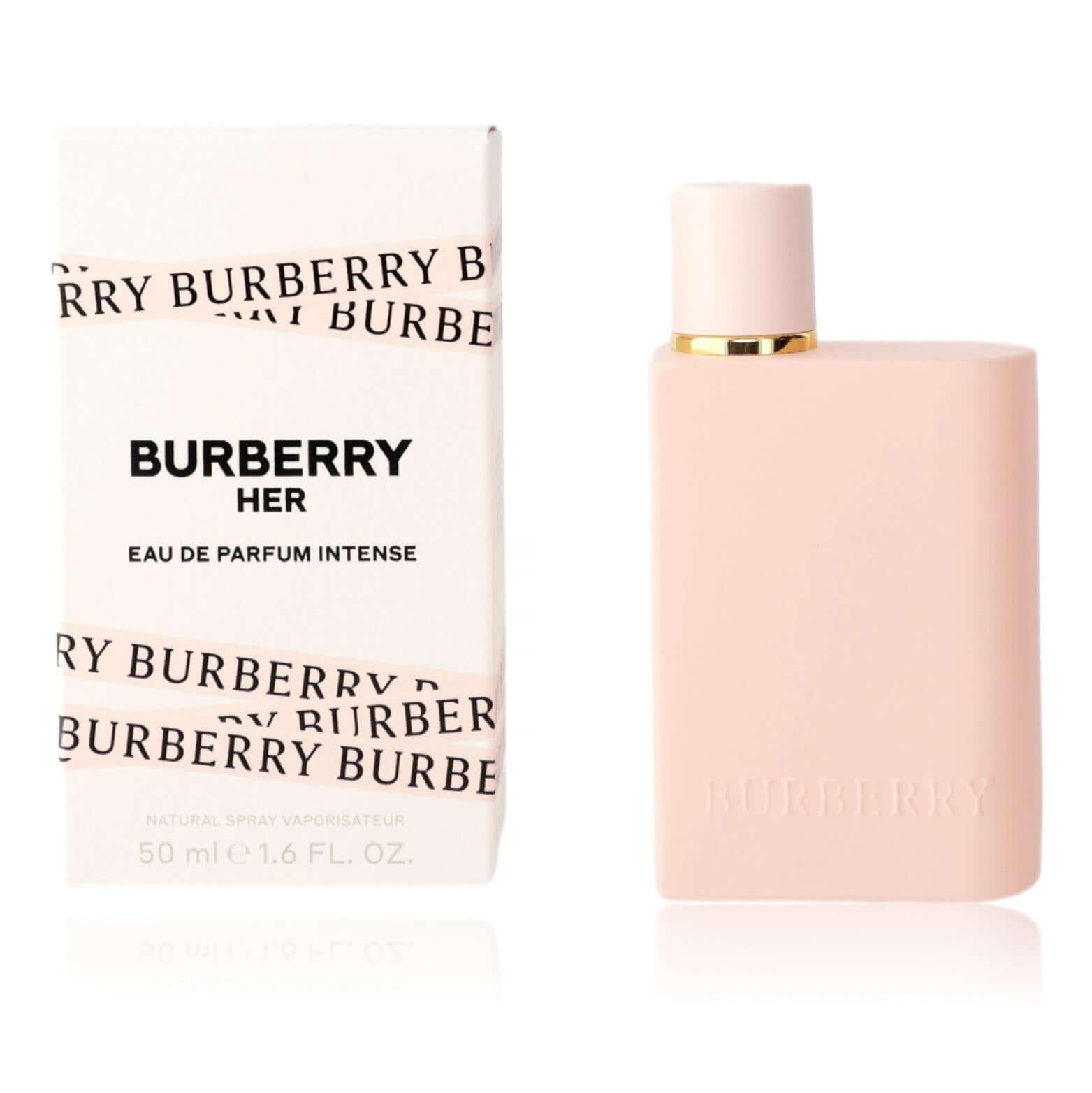 Perfume bottle with pale pink cap and Burberry Her Eau de Parfum Intense box