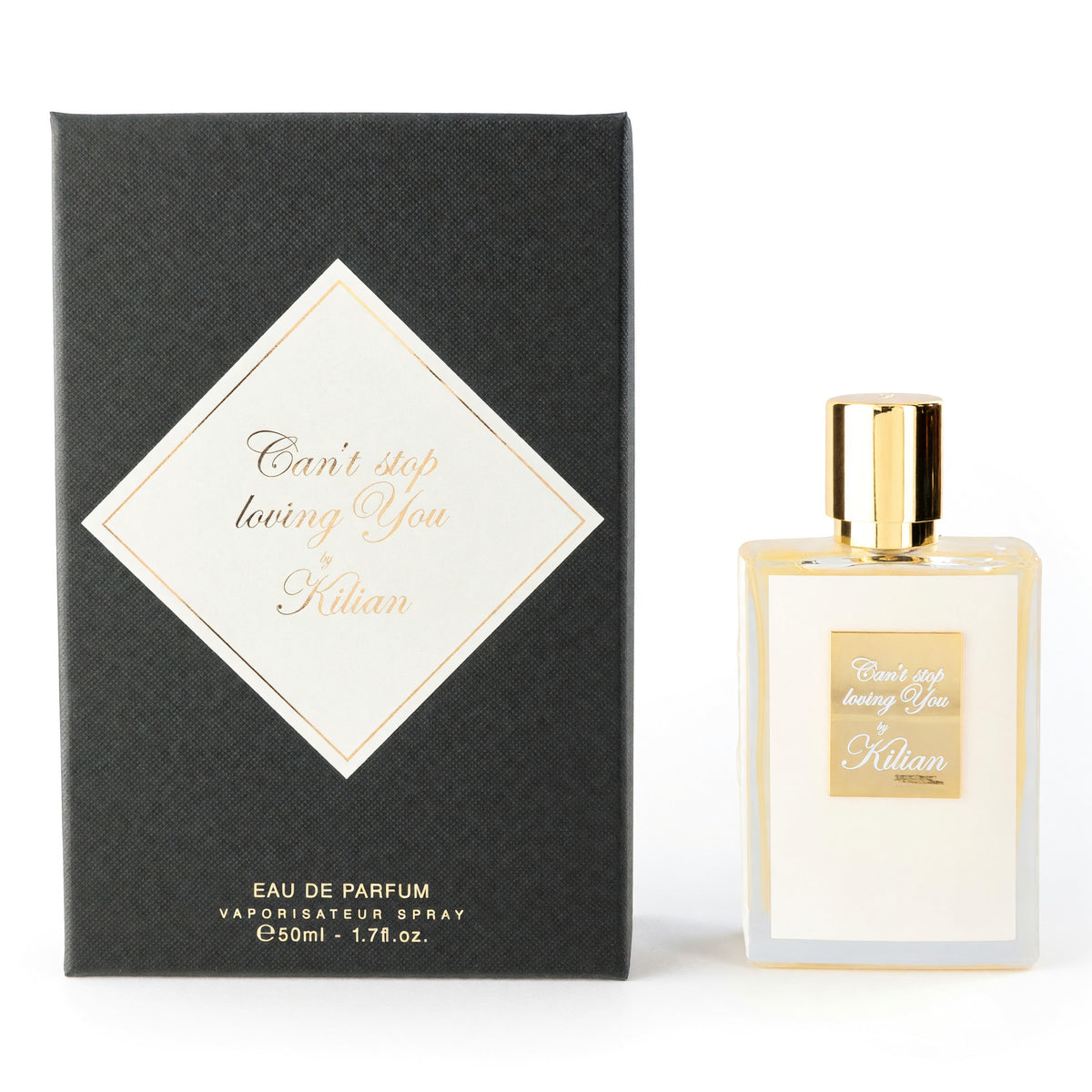 Eau de parfum spray bottle with gold cap, with matching Can’t Stop loving You box