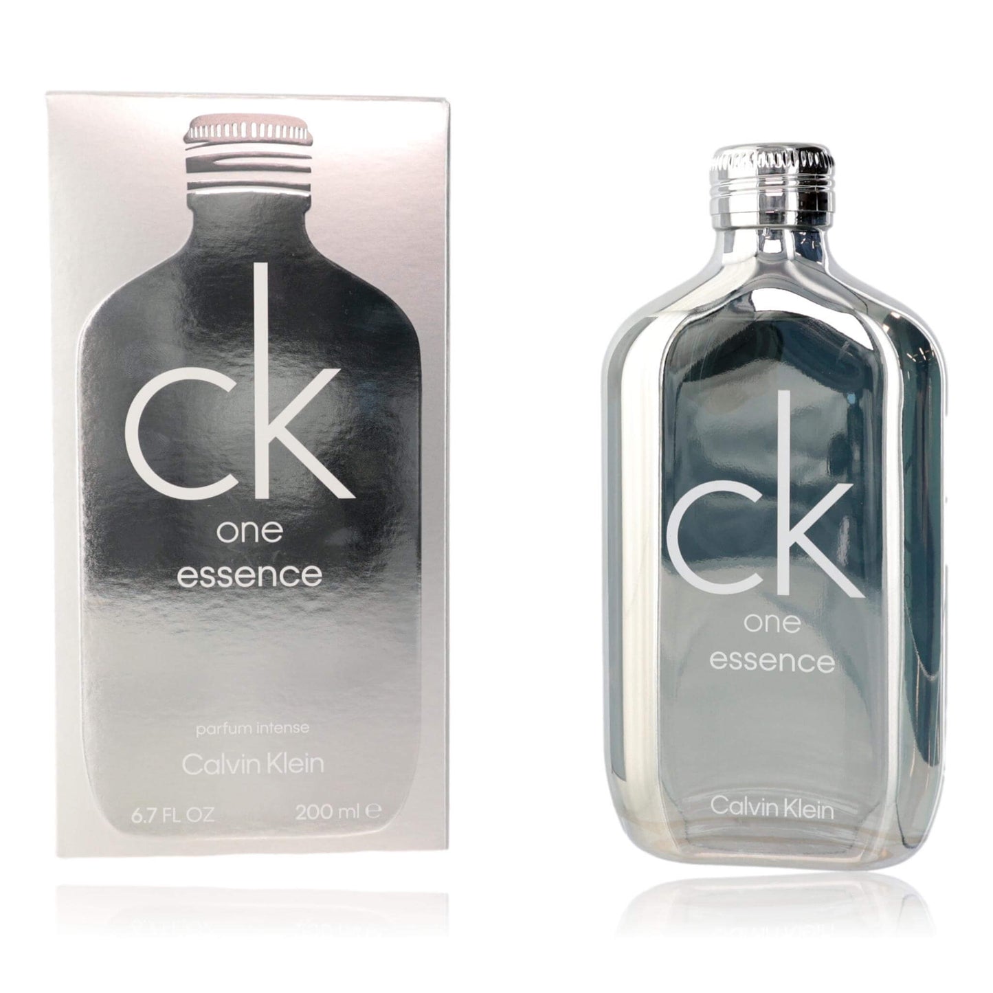 CK One Essence Parfum Intense spray bottle with box, clear glass and silver cap