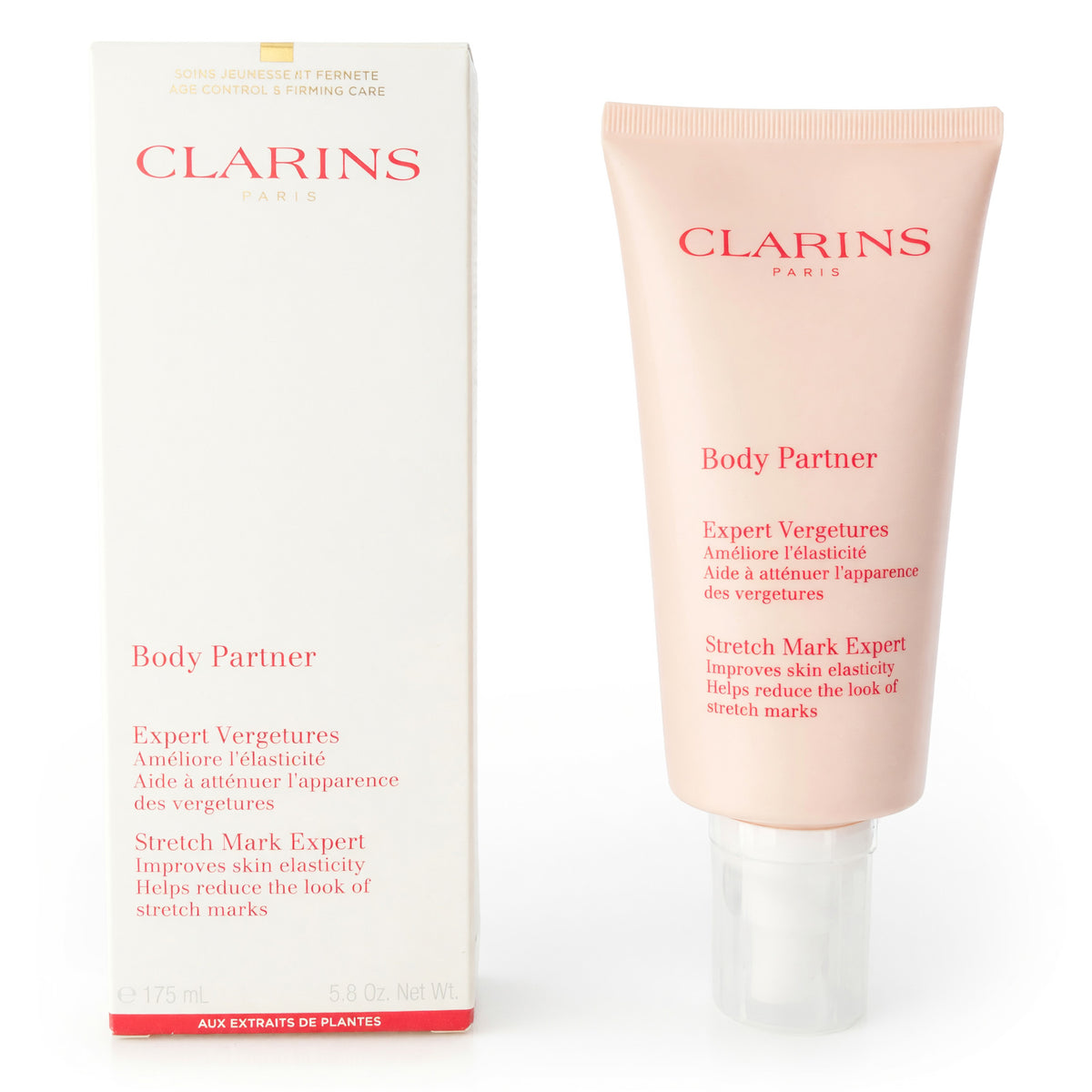 Clarins Body Partner stretch mark expert body lotion in squeeze tube, 5.8 oz