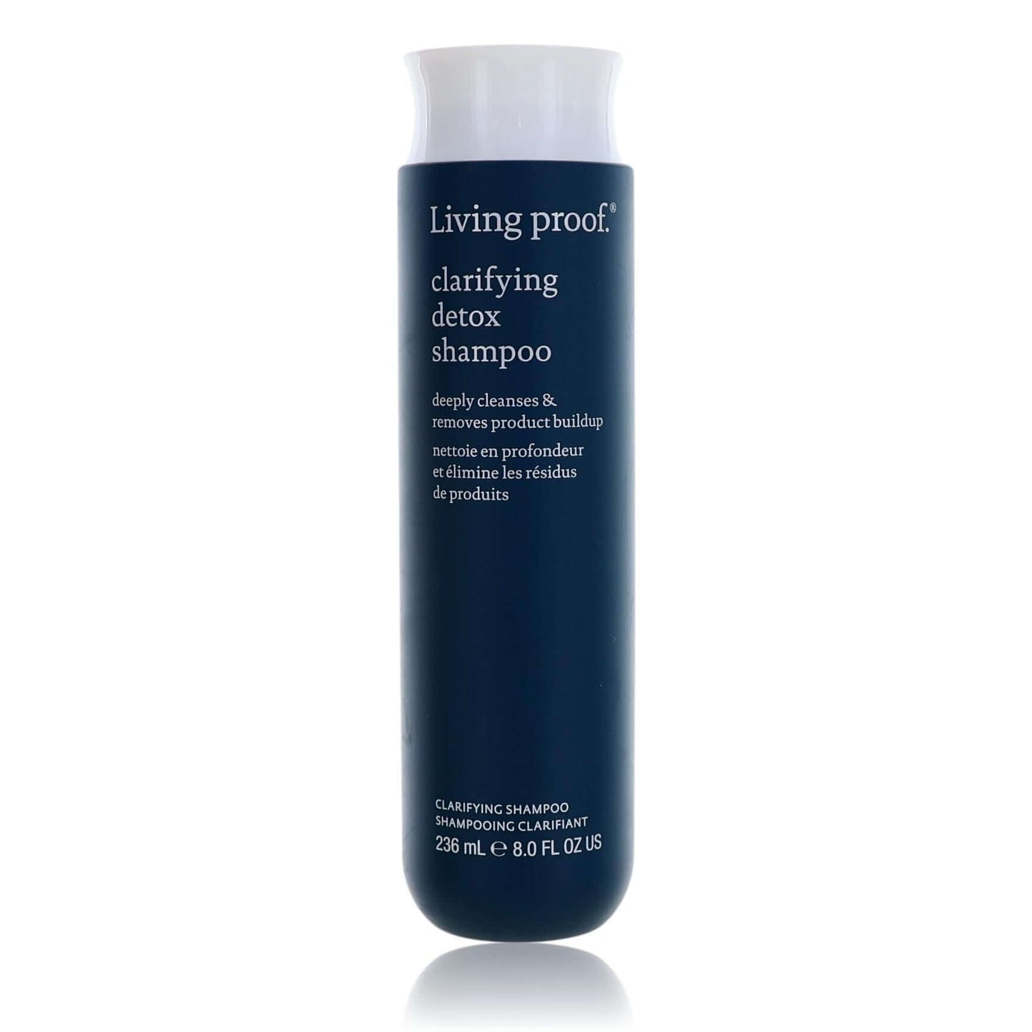 Living Proof clarifying detox shampoo bottle, dark blue with white cap