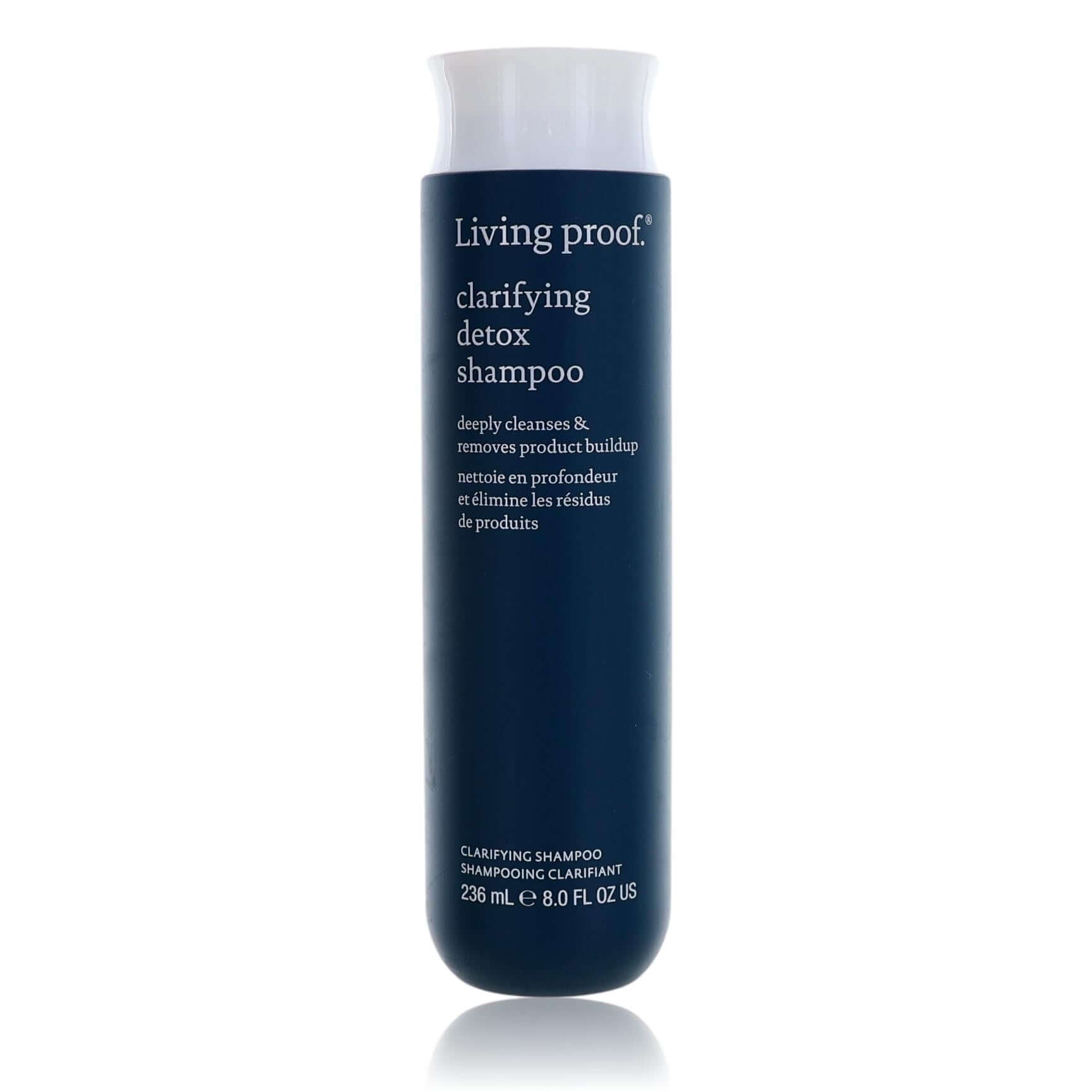 Living Proof clarifying detox shampoo bottle, dark blue with white cap