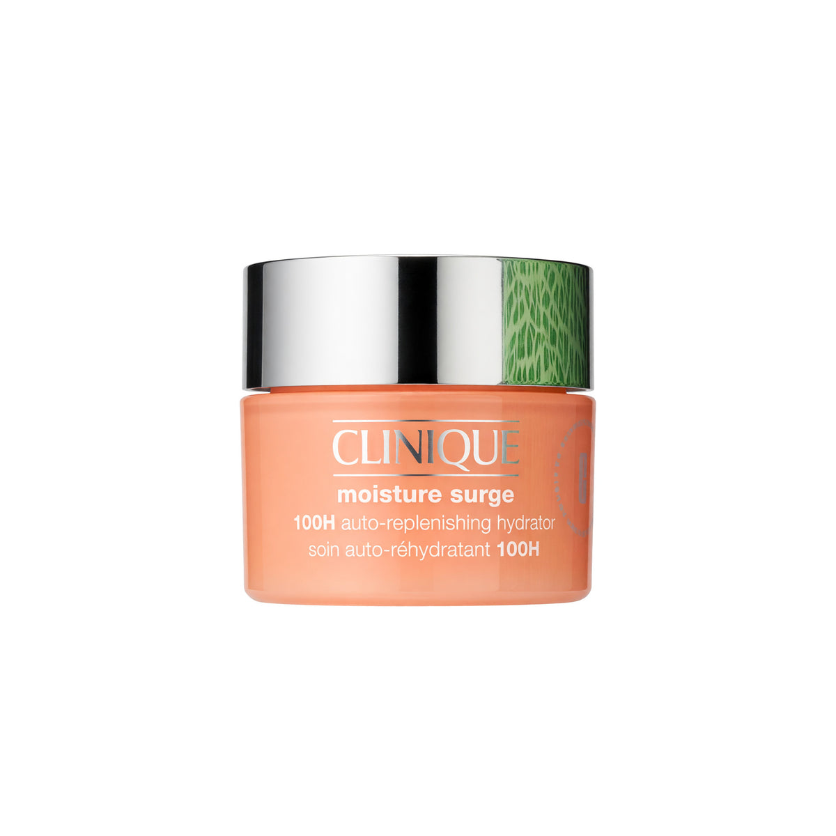 Clinique Moisture Surge 100H hydrator jar with silver cap, orange cream container