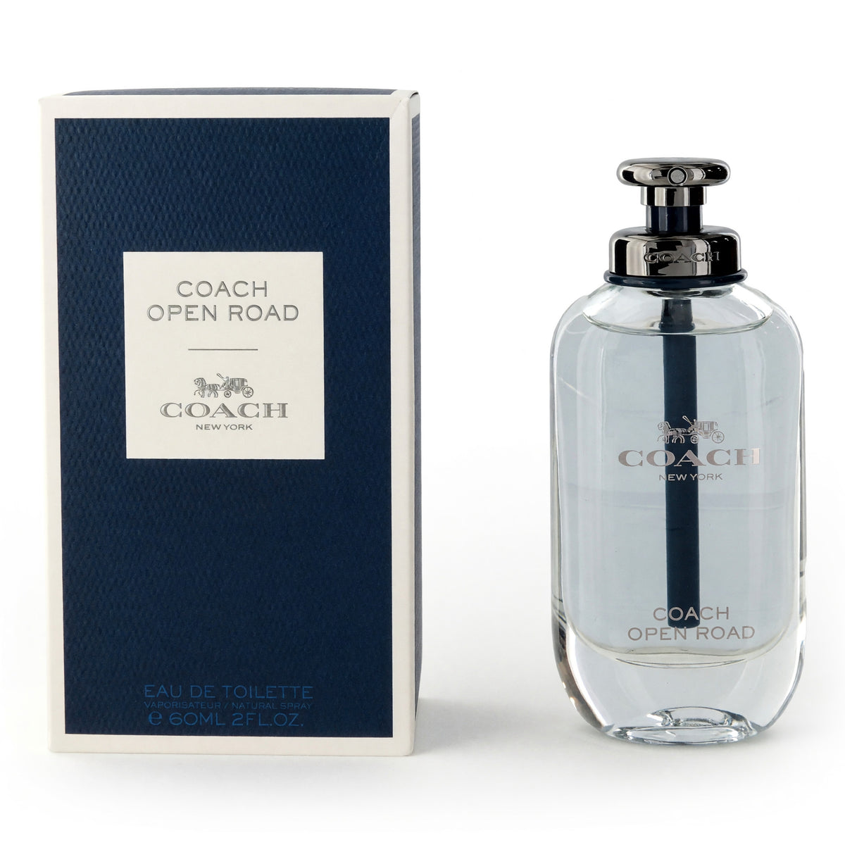 Men's EDT spray bottle with silver cap, clear glass, Coach Open Road branding.