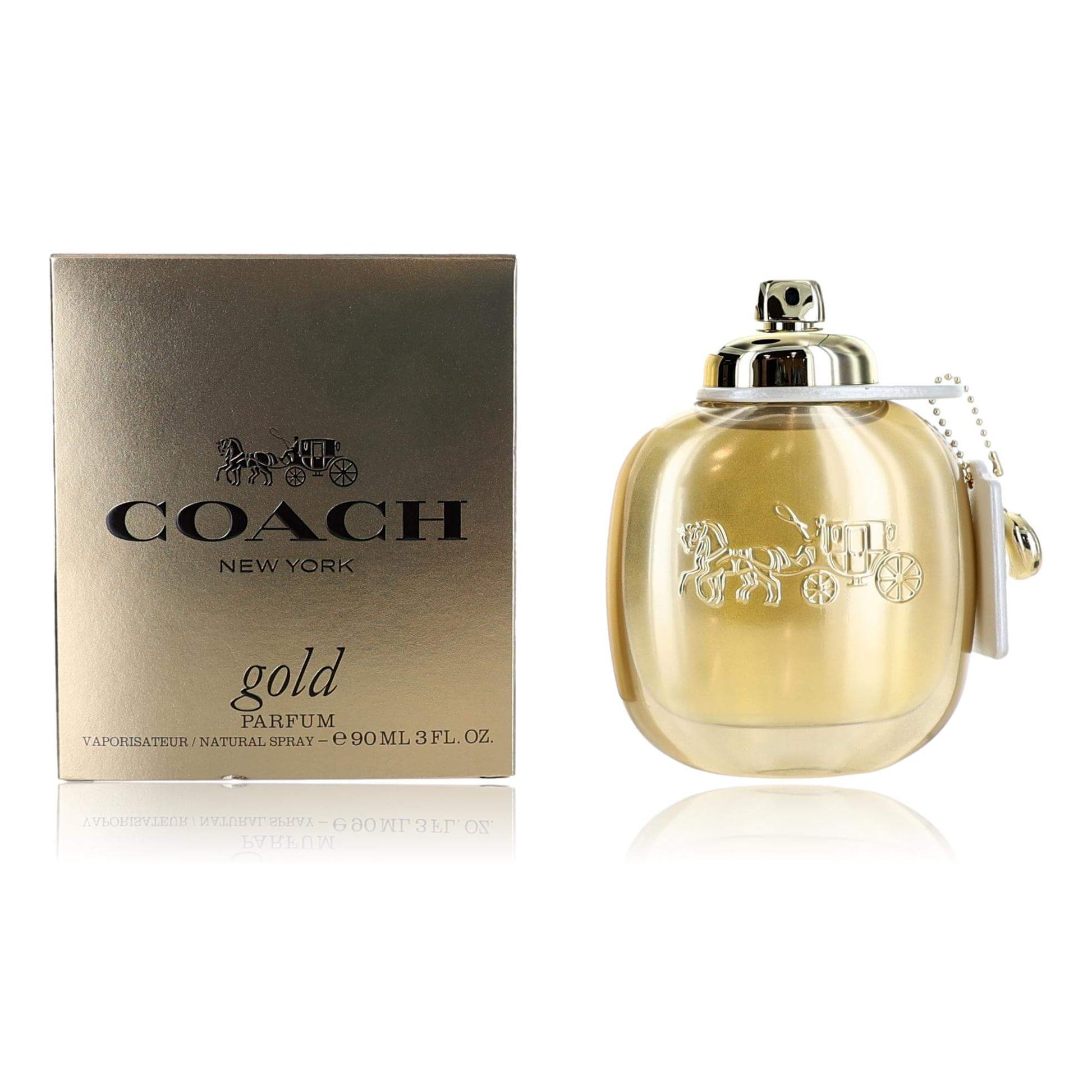 Coach Gold by Coach, 3 oz Parfum Spray for Women with gold packaging and elegant design.