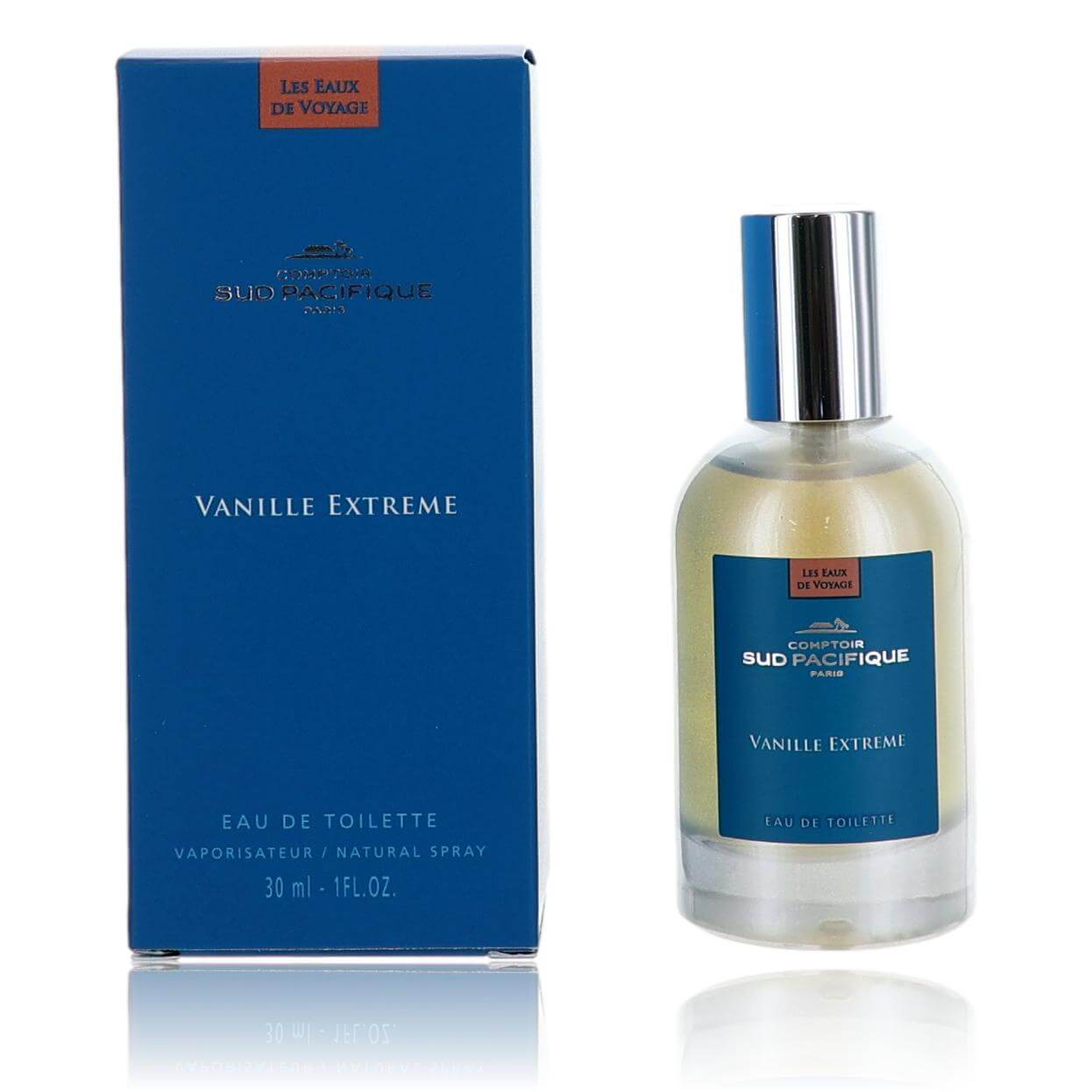 Vanille Extreme eau de toilette spray with blue box and clear bottle, 1 oz
