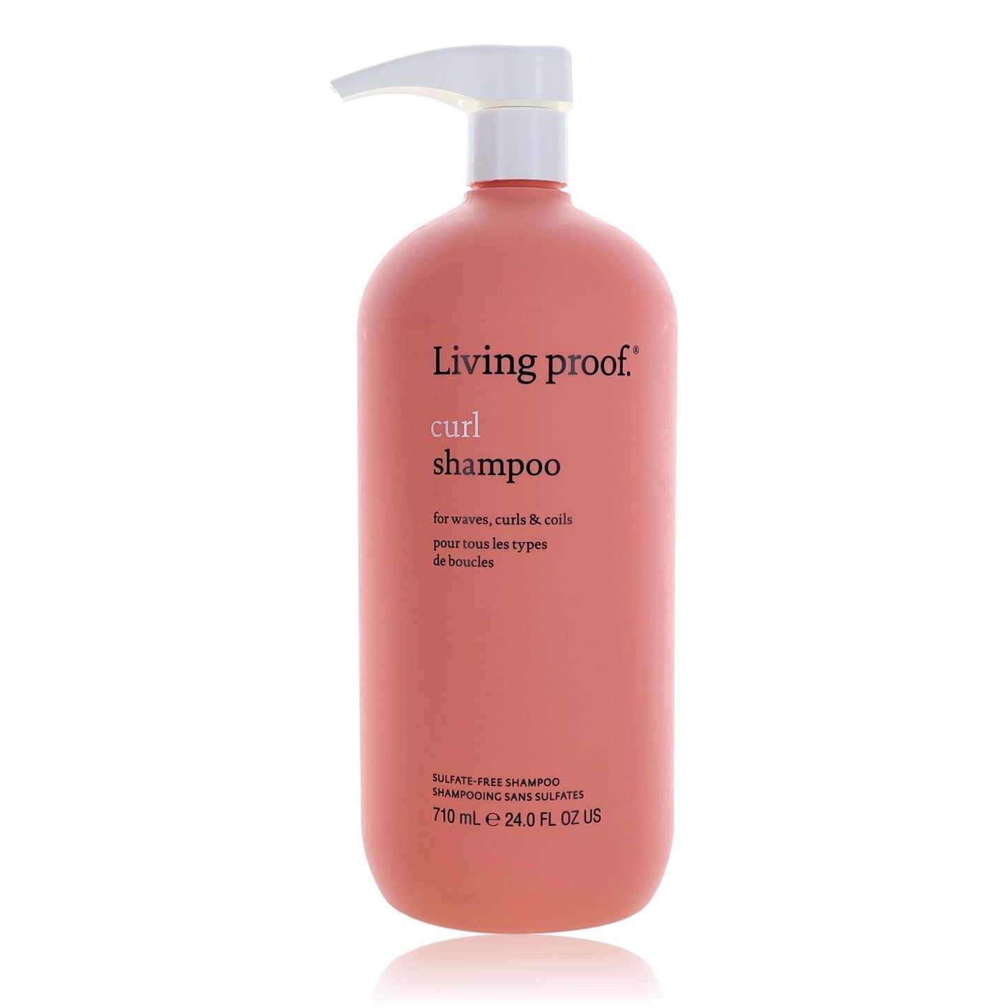 Living Proof Curl Shampoo bottle, coral-pink pump dispenser, 24 fl oz