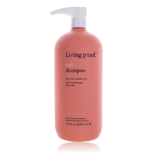 Living Proof Curl Shampoo bottle, coral-pink pump dispenser, 24 fl oz