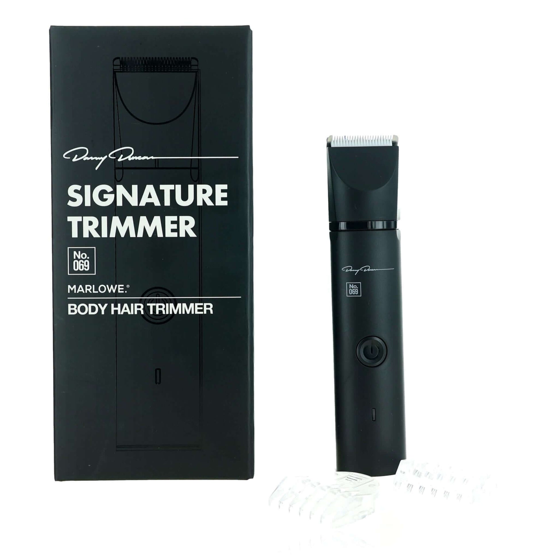 Black body hair trimmer with snap-on guard, shown with product box
