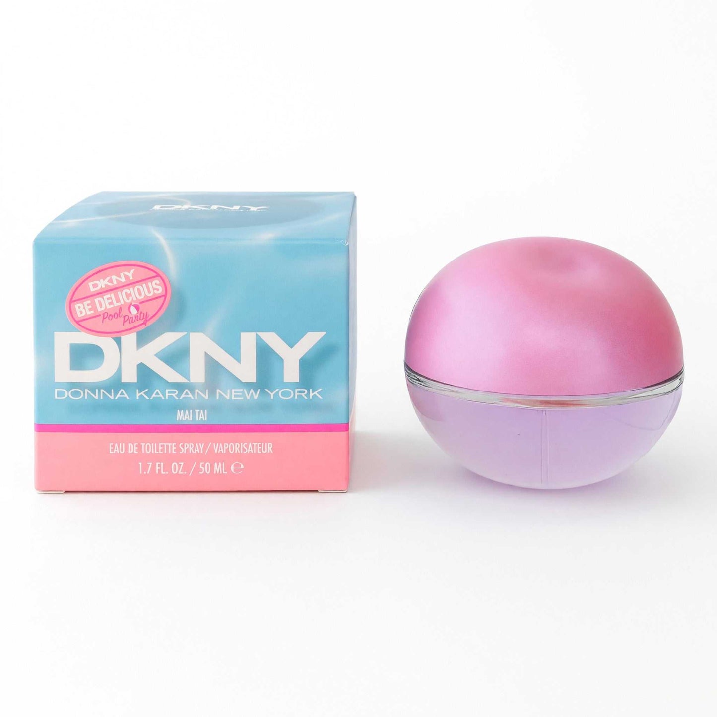 DKNY Be Delicious Mai Tai EDT spray set with round pink bottle and box, 1.7 oz