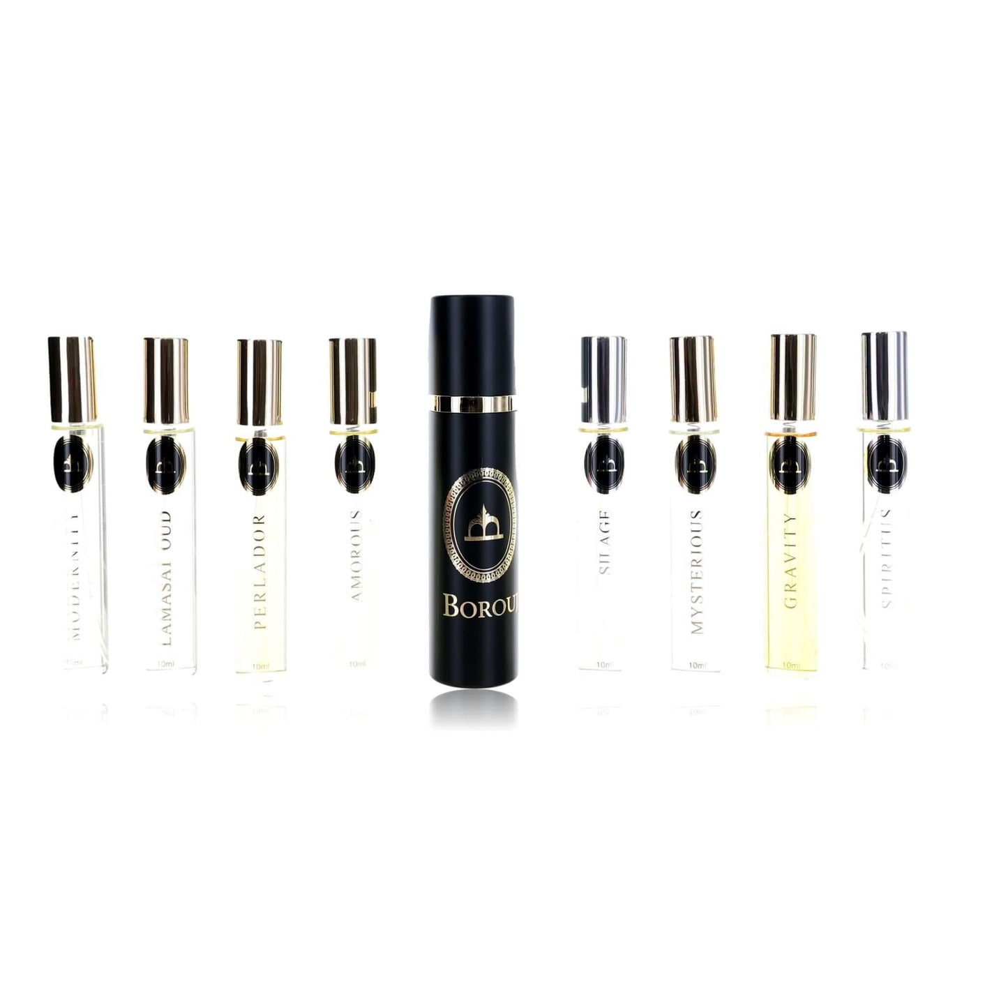 Perfume discovery set with multiple slim unisex bottles and black-capped central bottle