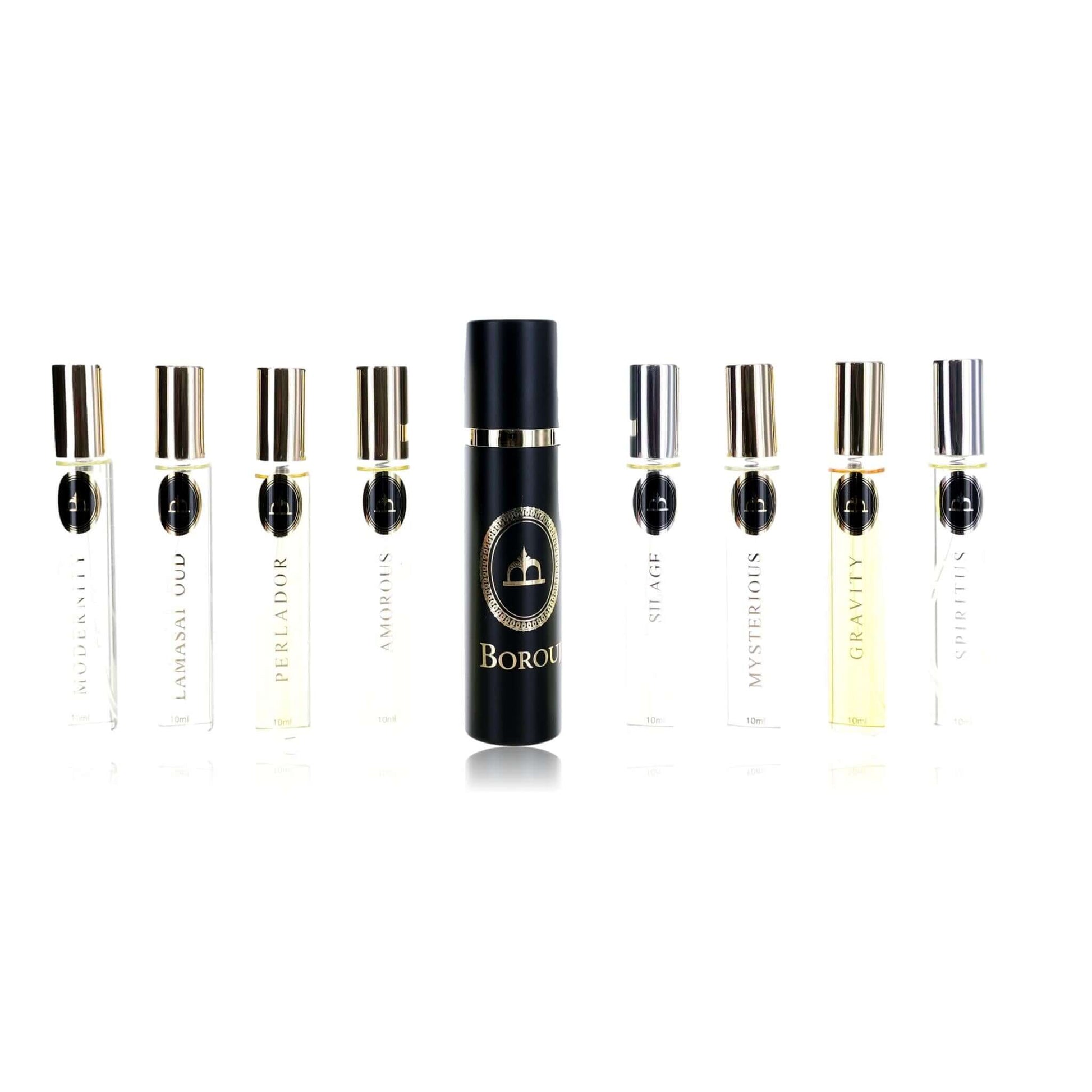 Perfume discovery set with multiple slim unisex bottles and black-capped central bottle