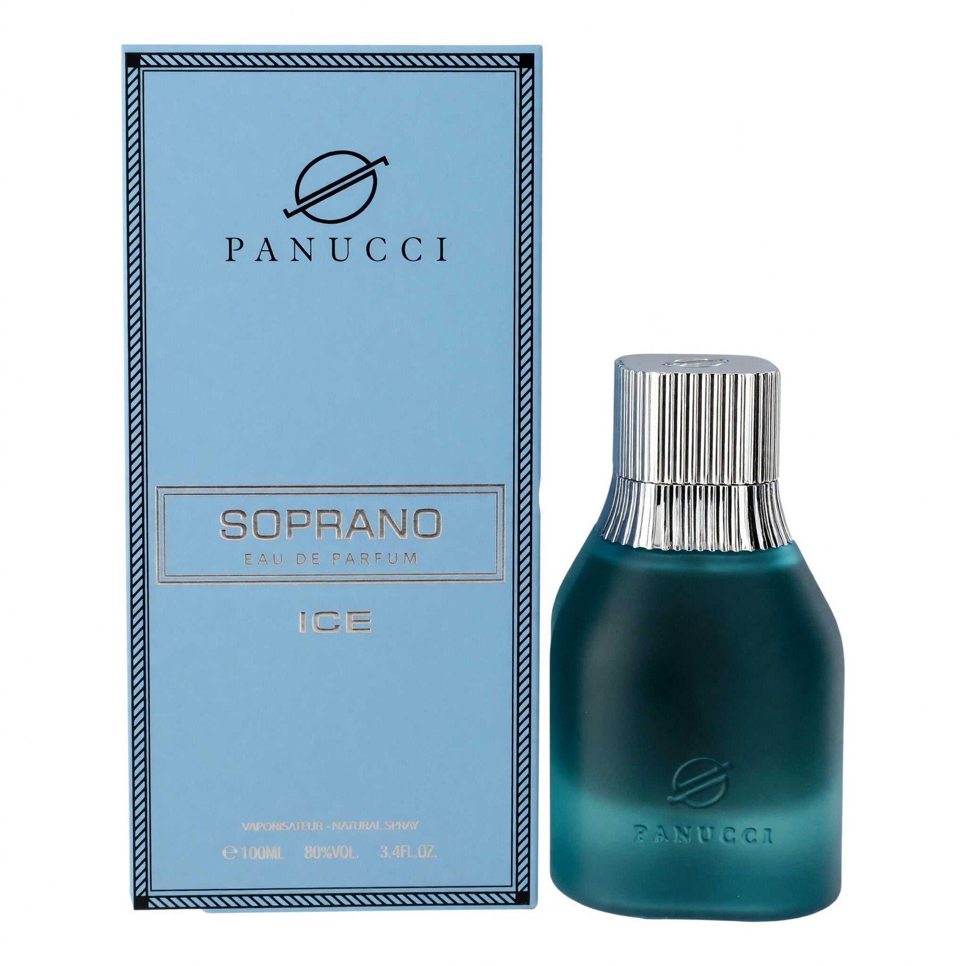Men's eau de parfum spray: teal glass bottle with ribbed silver cap, with matching box.