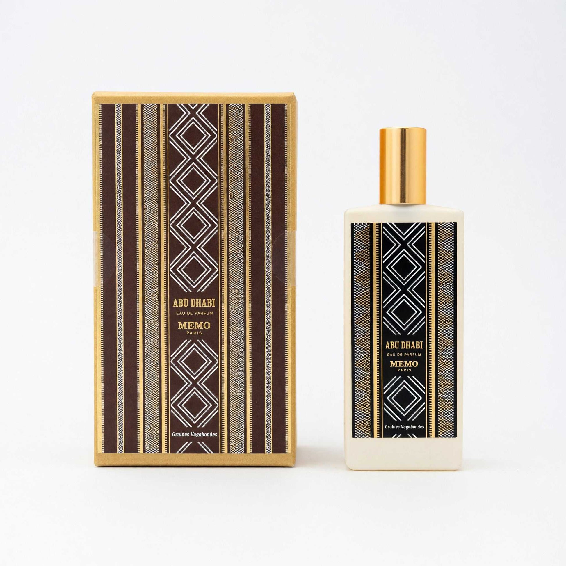Abu Dhabi EDP spray bottle with gold cap and matching striped box, by Memo Paris