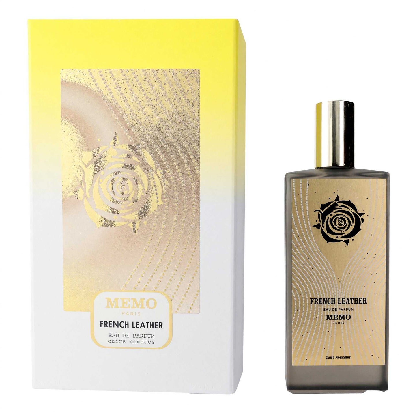 Unisex perfume spray bottle with gold cap, dark label; French Leather boxed