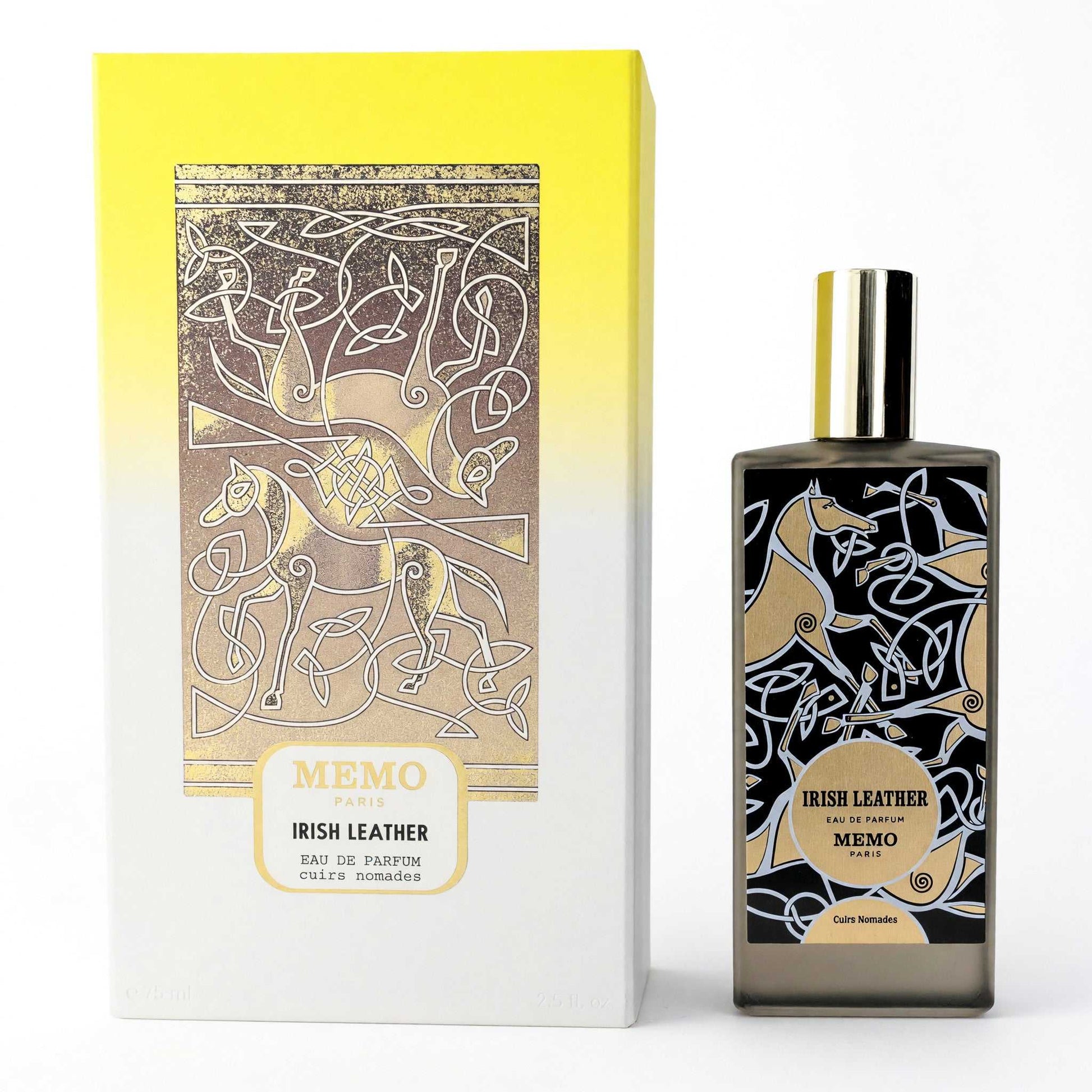 Memo Paris Irish Leather EDP spray bottle with metallic cap and matching box