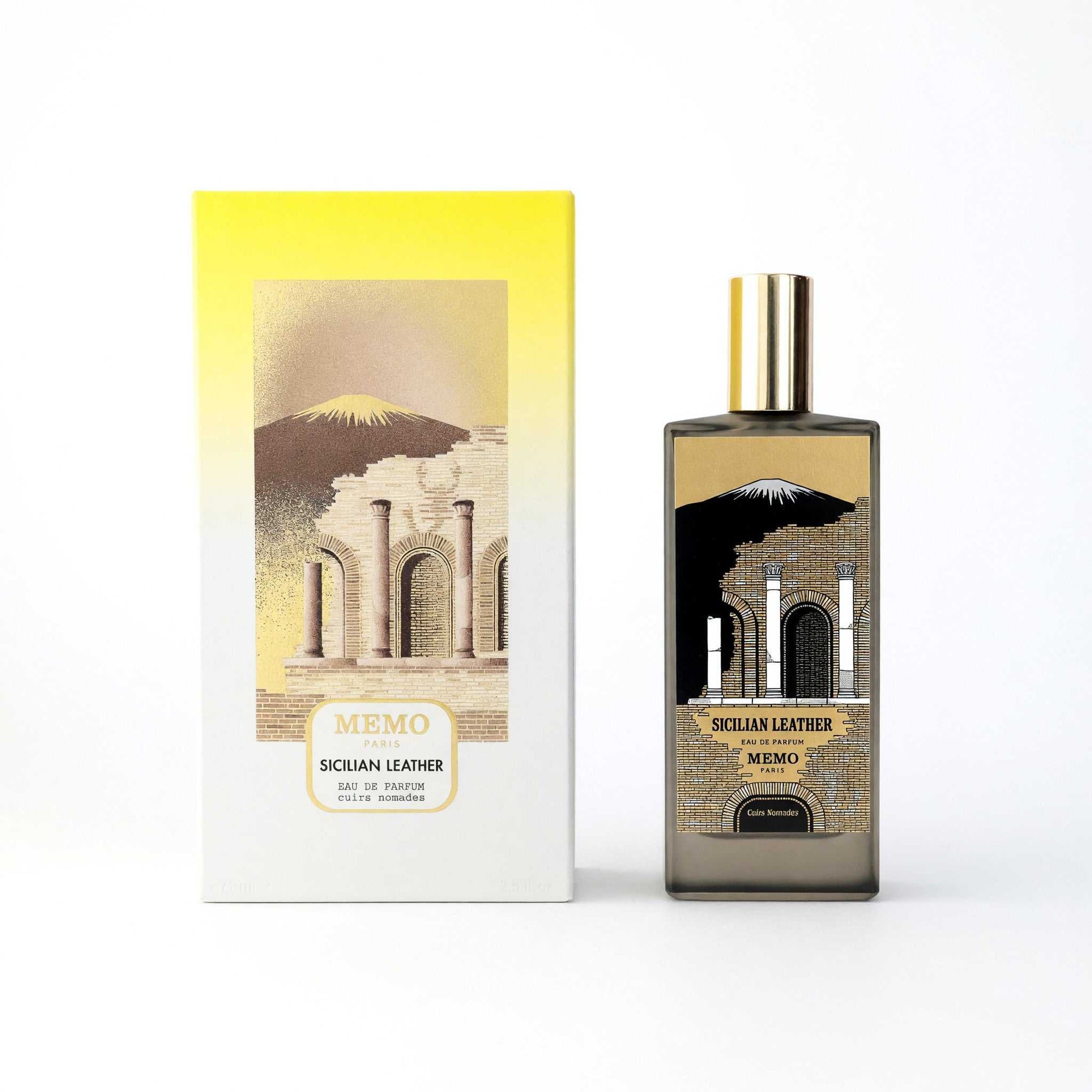 Memo Paris Sicilian Leather EDP spray bottle with box, dark amber glass and gold cap