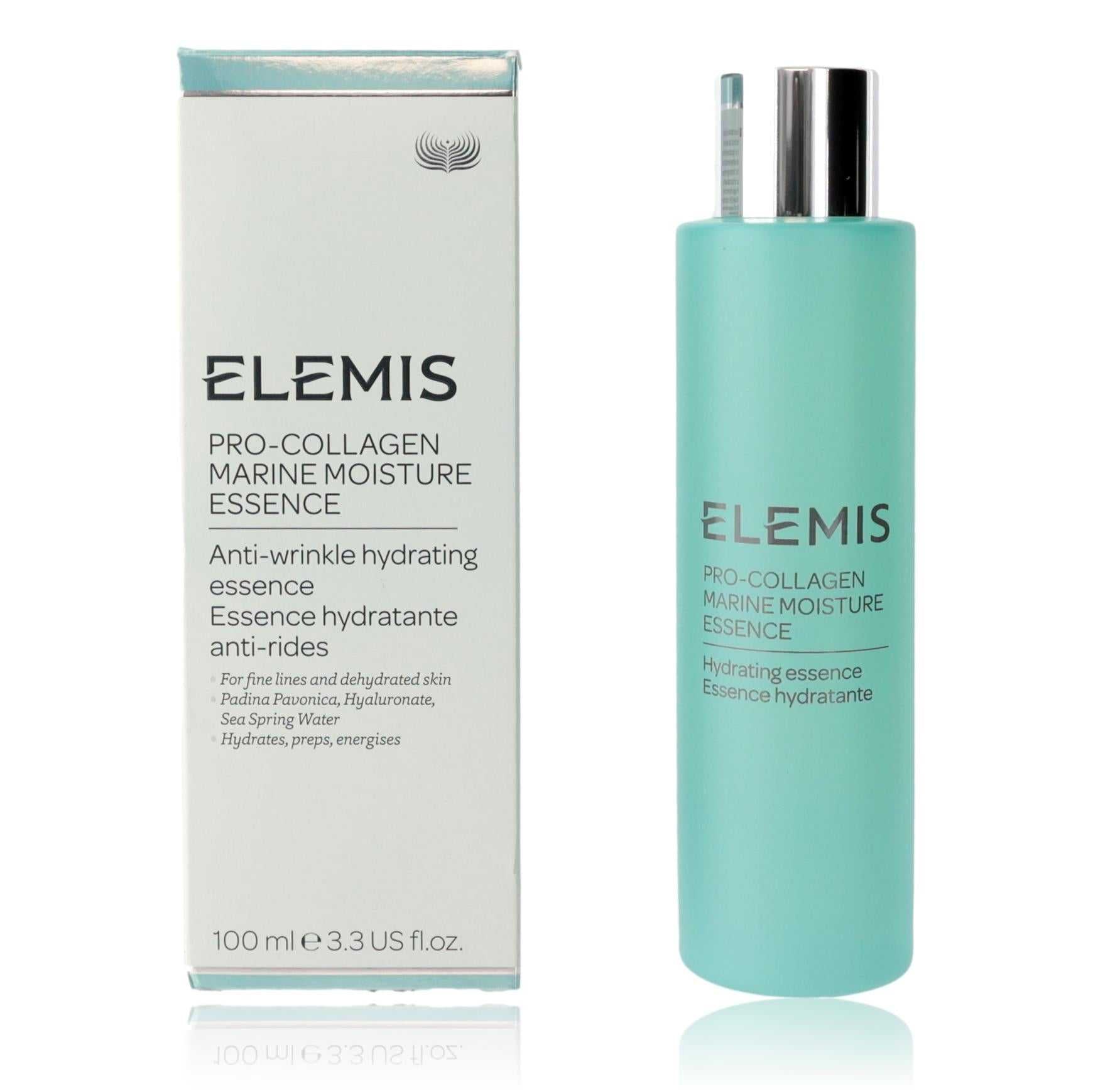 Turquoise Elemis pro-collagen marine moisture essence bottle with silver pump cap, shown with box
