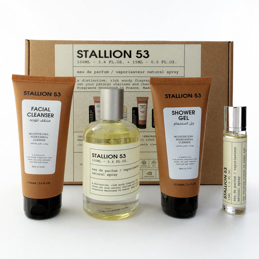 Stallion 53 4-piece unisex grooming set: eau de parfum bottle, gel and cleanser tubes, vial