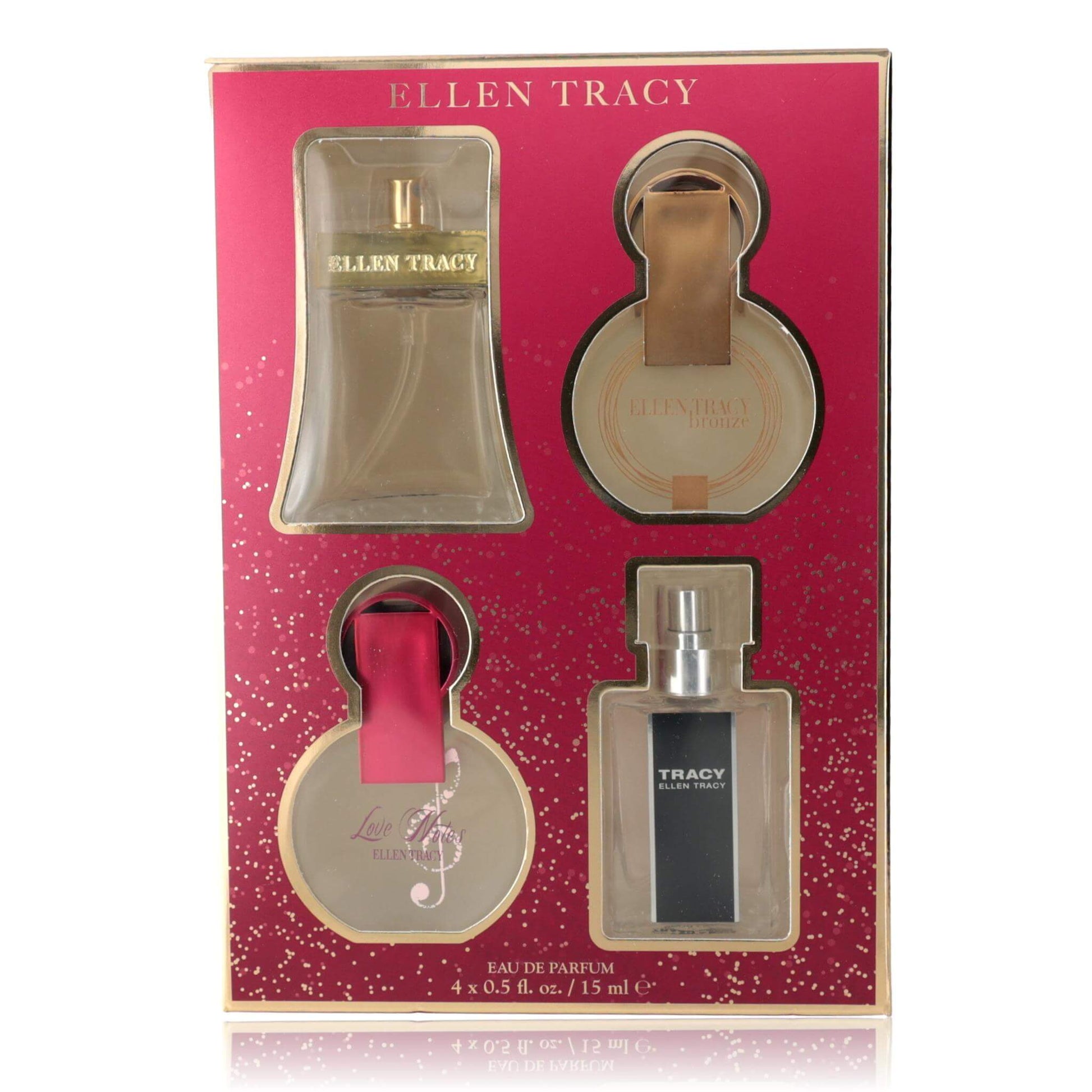 4-piece women’s perfume gift set with four glass fragrance bottles in box