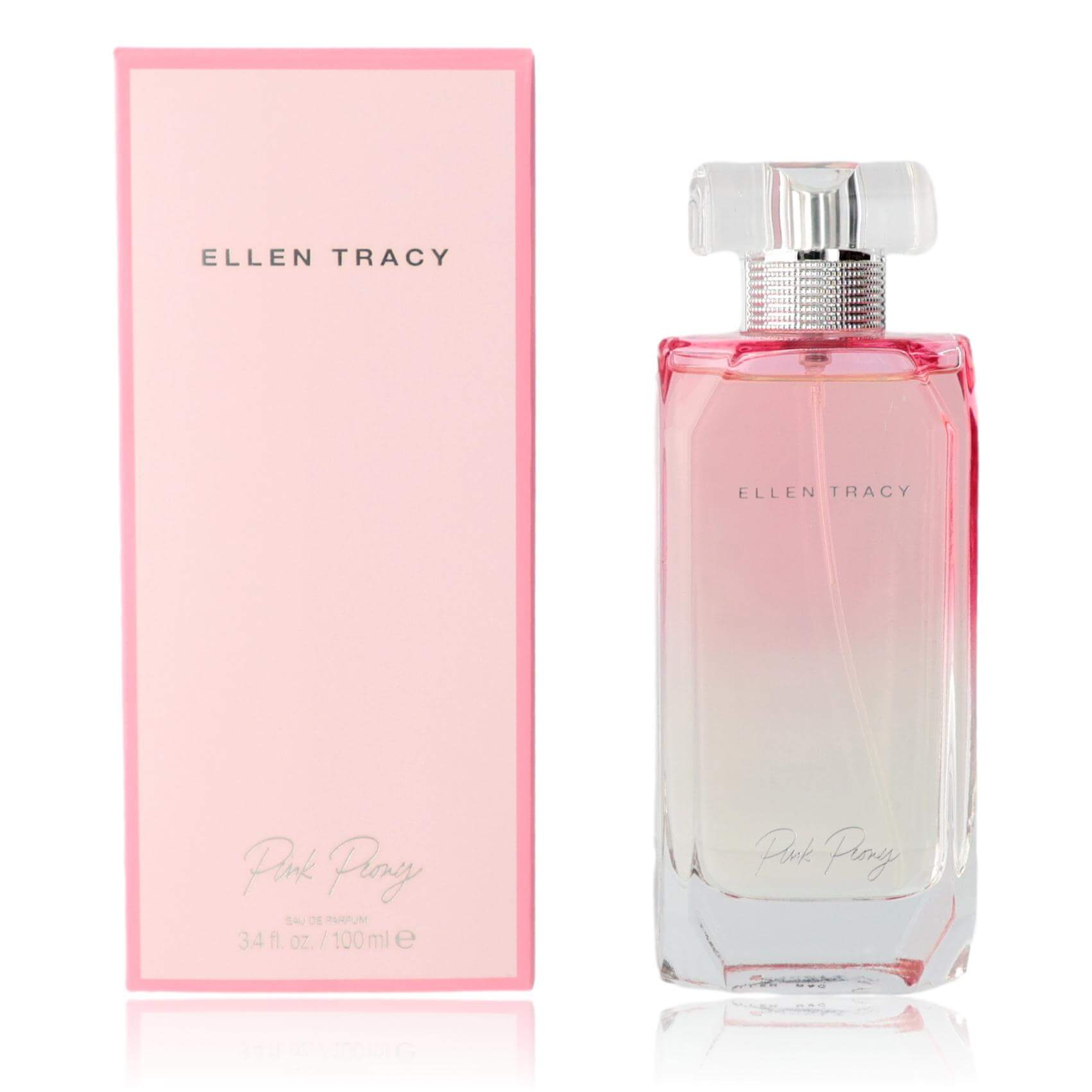 Ellen Tracy Pink Peony EDP spray bottle with pink cap and matching pink box