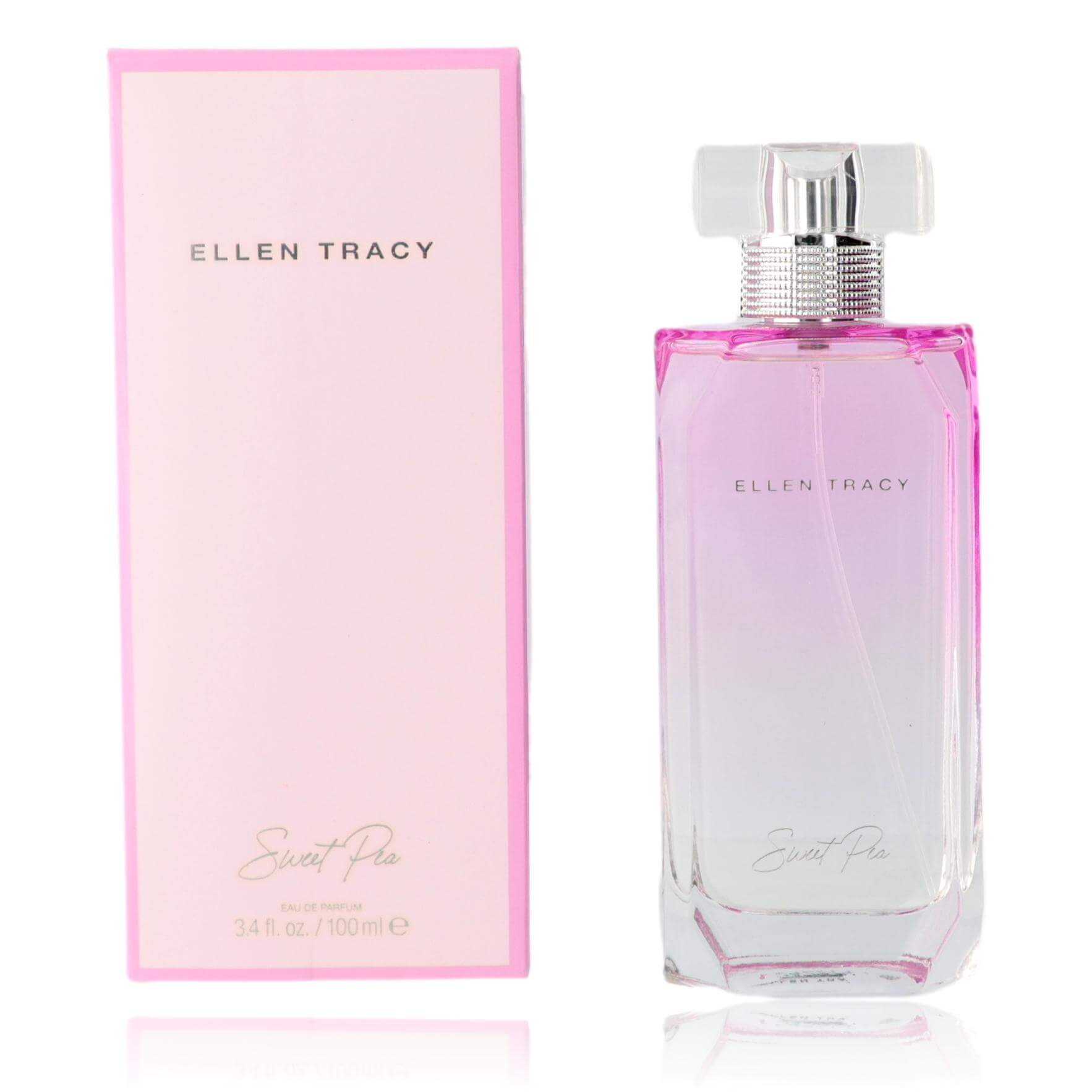 Ellen Tracy Sweet Pea eau de parfum spray bottle in light pink glass with cap