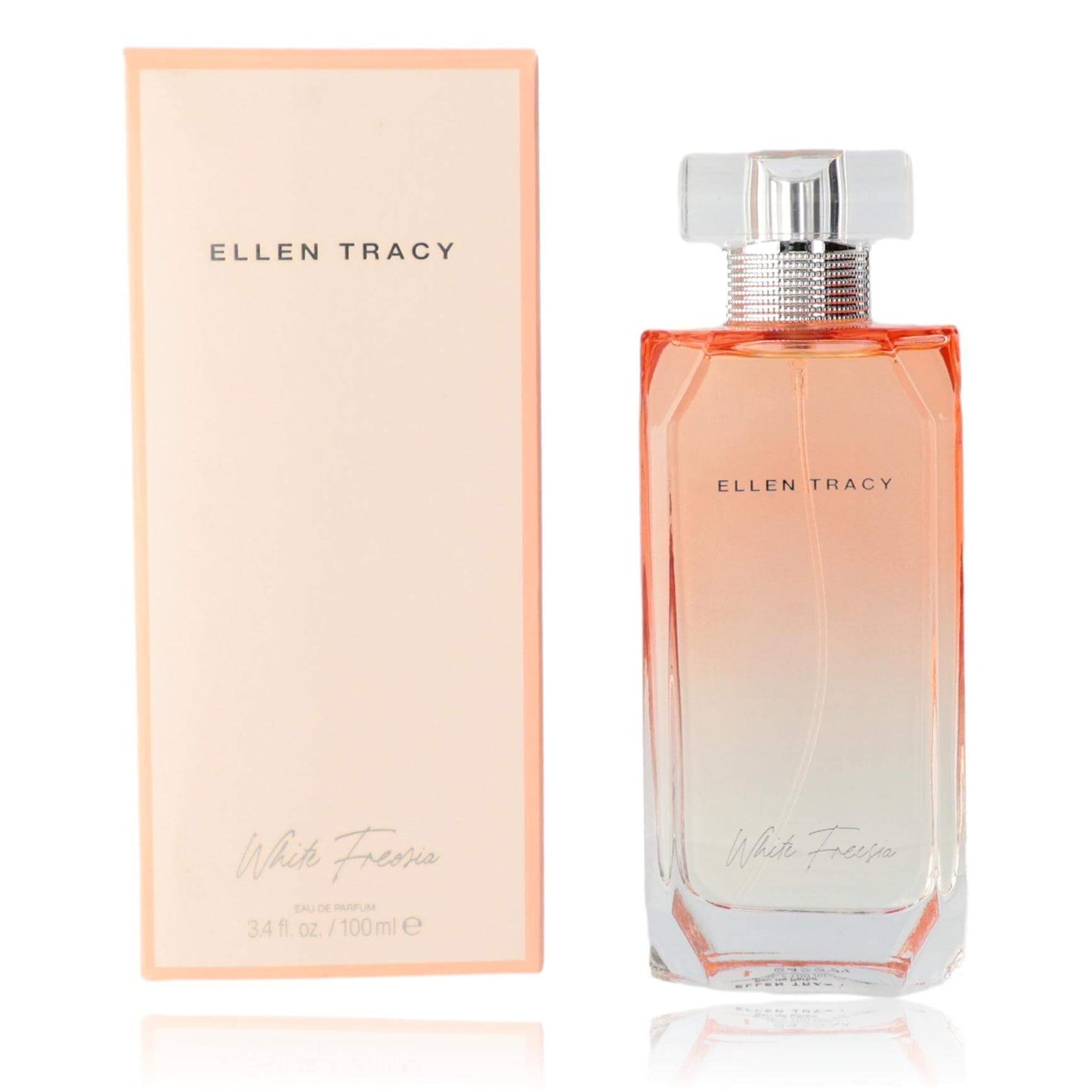 Ellen Tracy White Freesia EDP spray bottle with silver cap and pink glass, with box