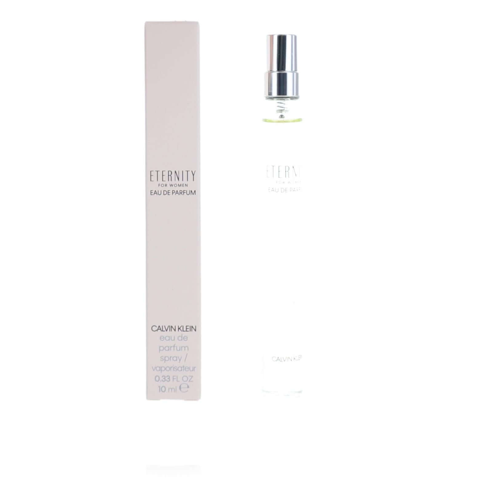 Eternity eau de parfum spray bottle and carton, pale pink, 0.33 fl oz