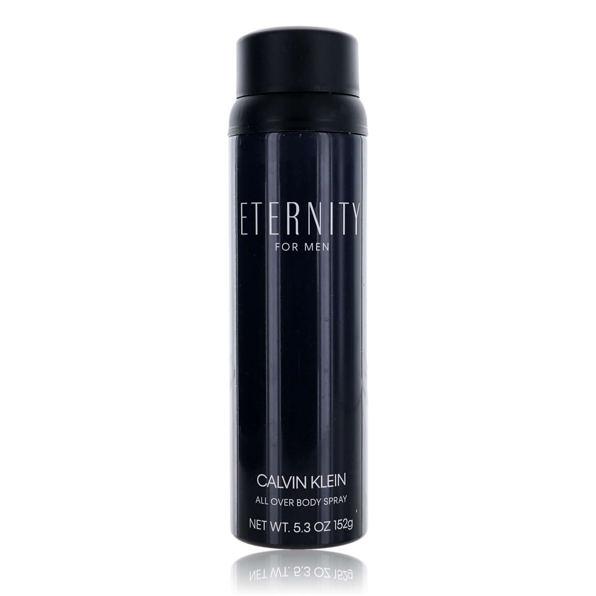 Calvin Klein Eternity all-over body spray can with black cap, 5.3 oz label