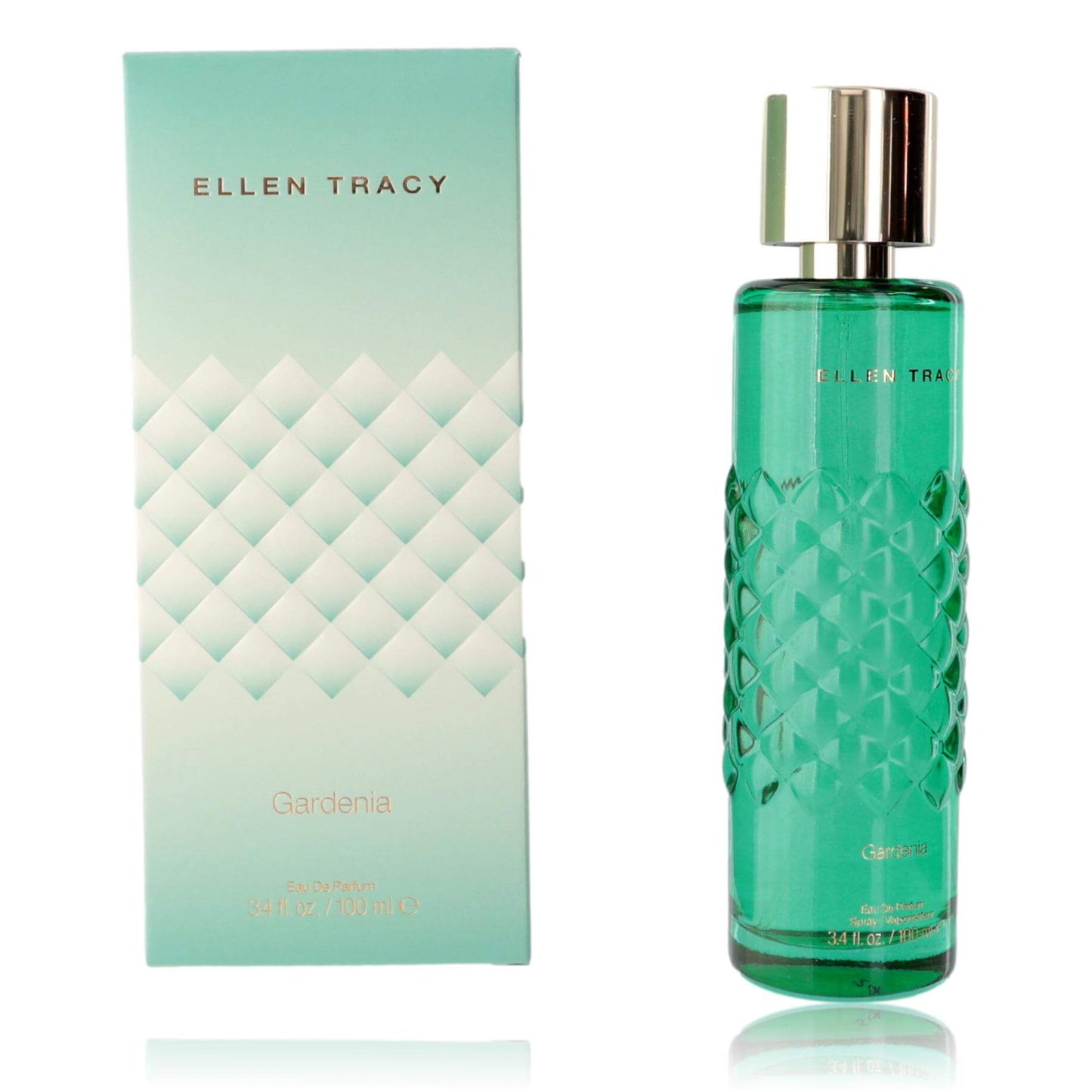 Ellen Tracy Gardenia EDP spray bottle with mint-green glass and matching box