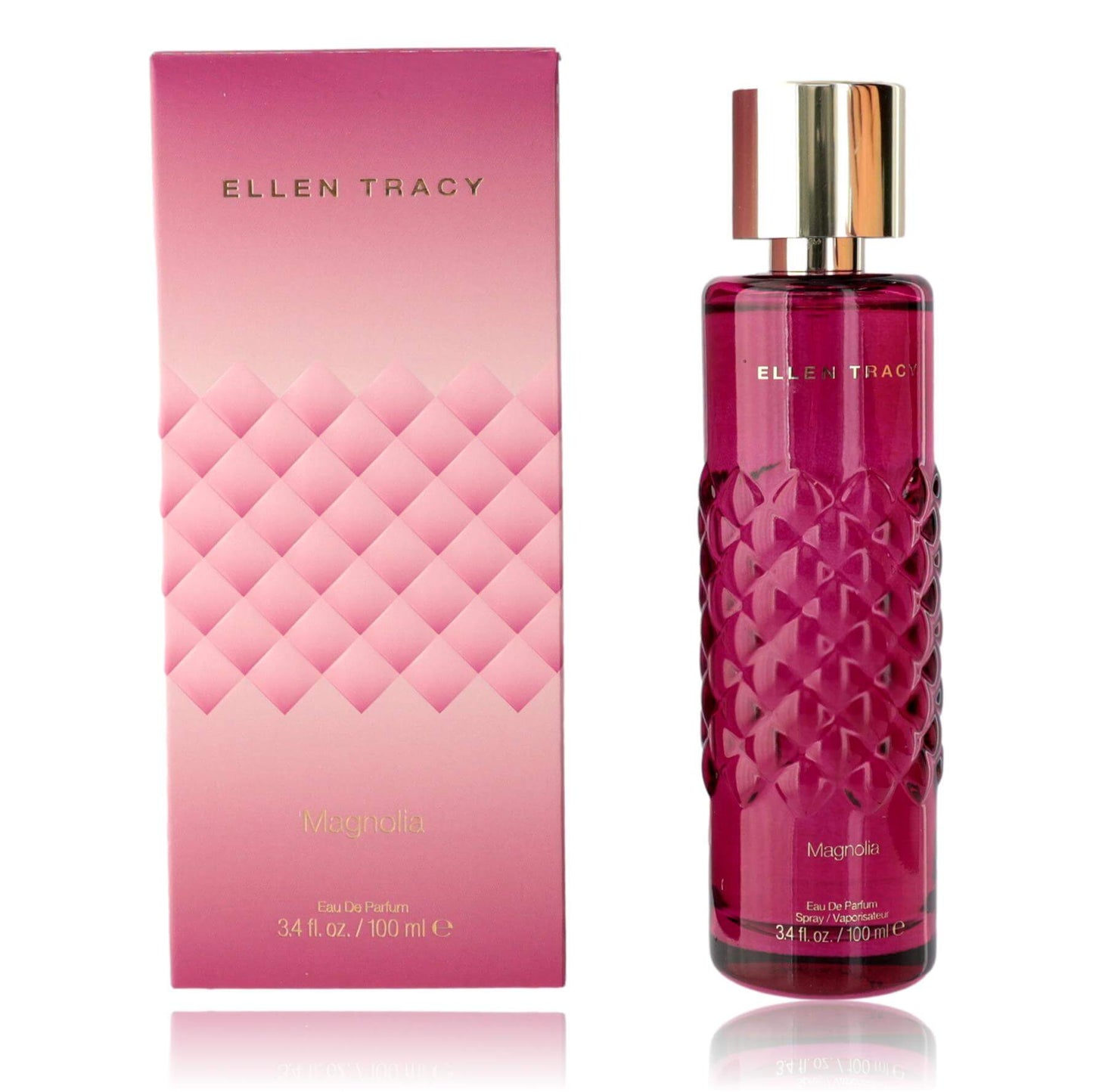 Magnolia EDP spray bottle in magenta glass with gold cap and matching pink box