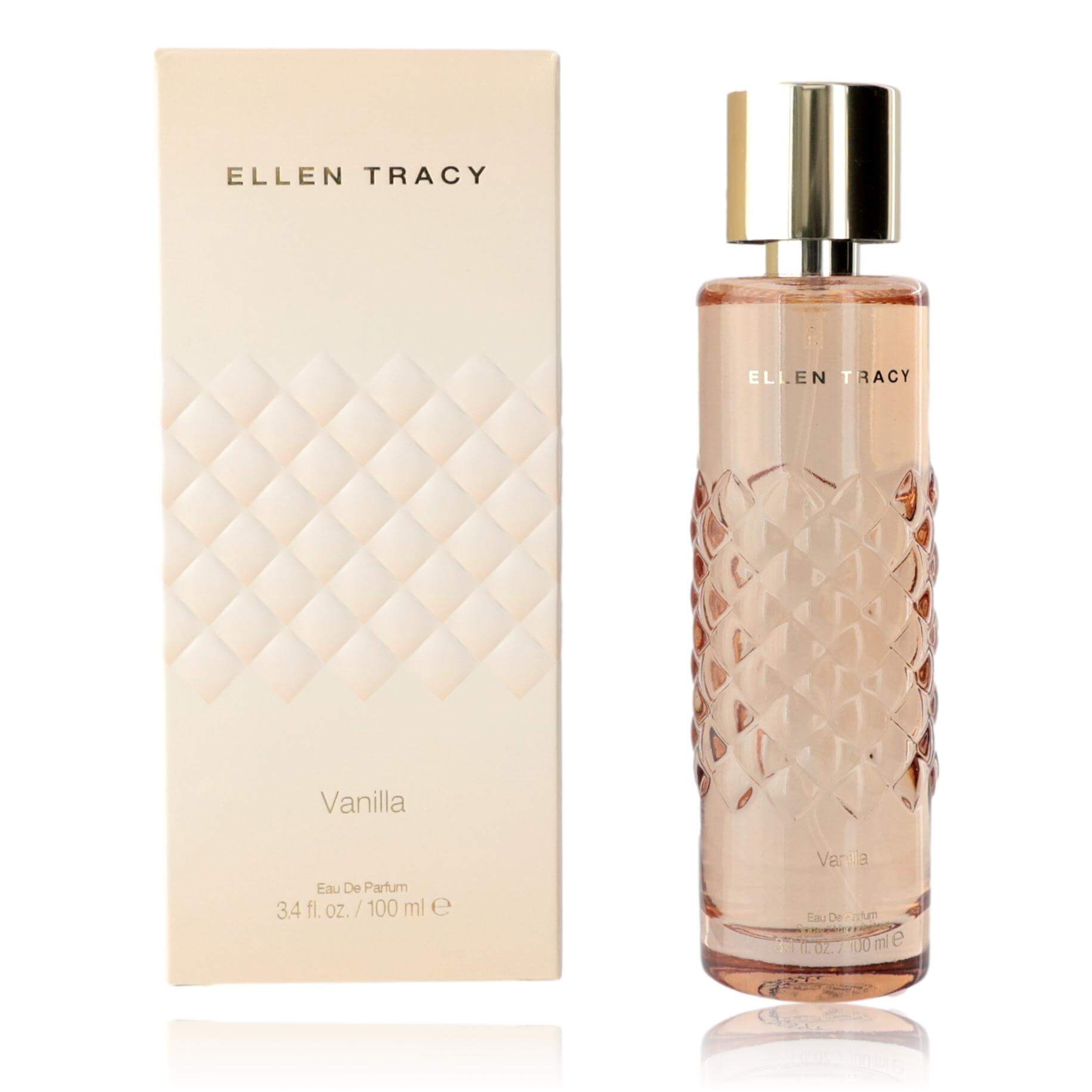 Vanilla eau de parfum spray bottle with gold cap and pink glass, shown with box