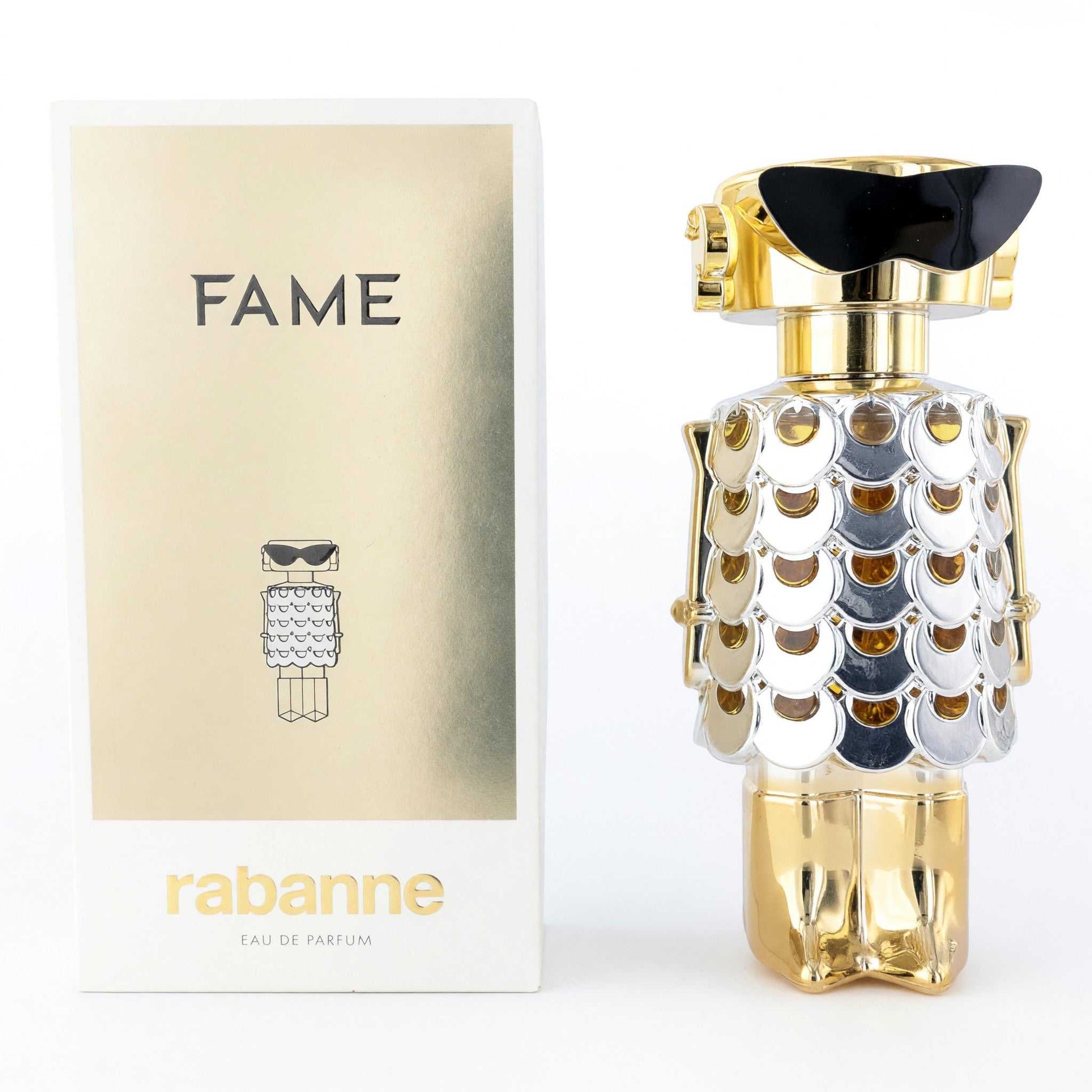 Fame by Paco Rabanne women's EDP perfume bottle with gold cap and decorative glass