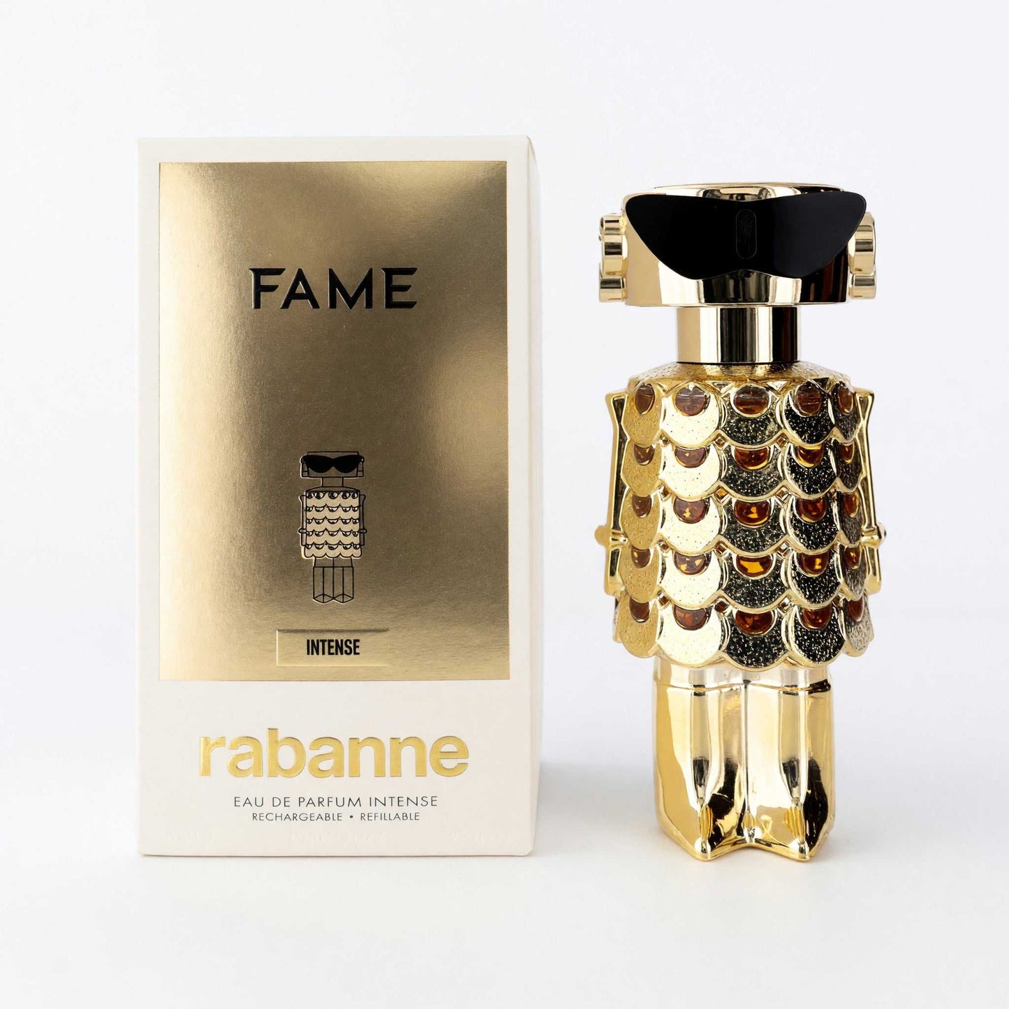 Fame Intense perfume bottle with gold patterned body and black cap