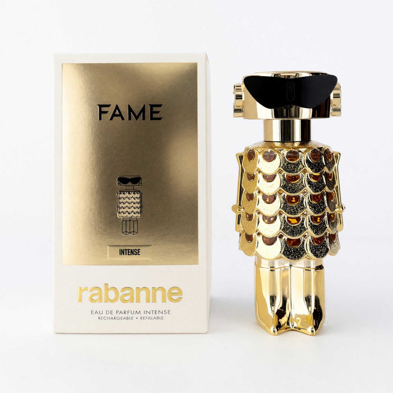 Fame Intense perfume bottle with gold patterned body and black cap