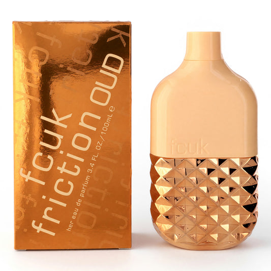 Fcuk Friction Oud EDP spray bottle with faceted geometric golden design and box