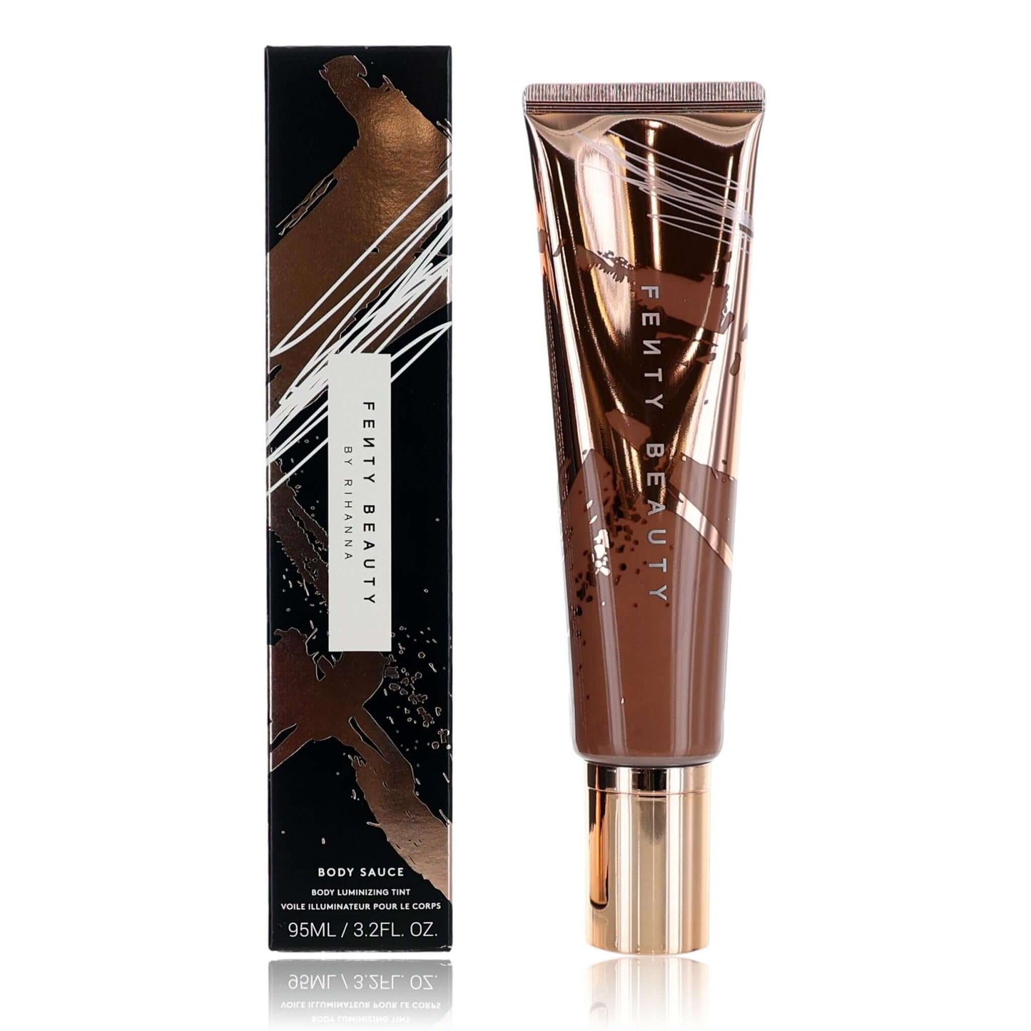 Fenty Beauty body sauce tube, deep nude brown liquid, with rose-gold cap.