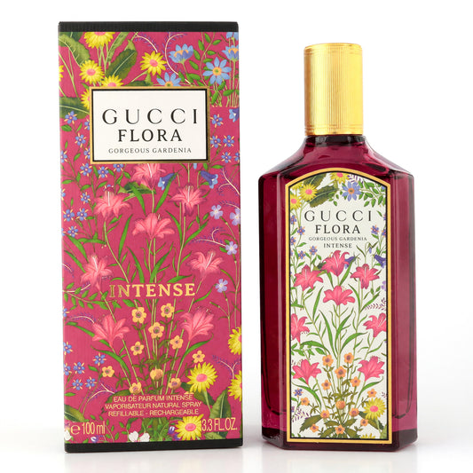 Gucci Flora Intense perfume spray bottle with ornate floral label and gold cap, 100ml box