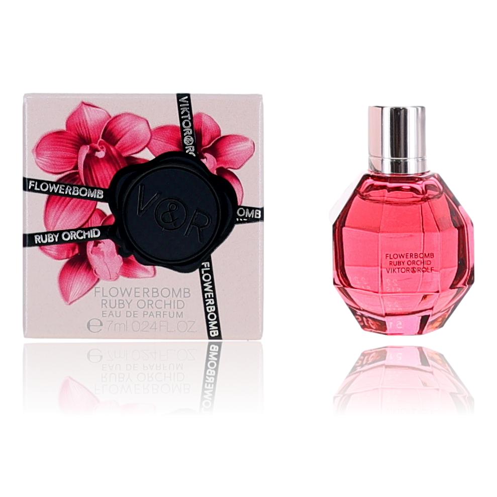 Flowerbomb Ruby Orchid mini perfume bottle, pink faceted glass with silver cap