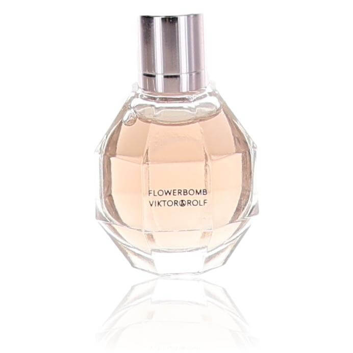 Flowerbomb perfume splash bottle by Viktor & Rolf, clear glass, silver cap