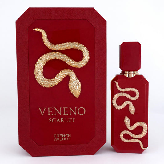 Scarlet red perfume bottle with gold snake design, shown with matching gift box