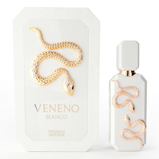 White EDP spray bottle with gold snake design, French Avenue branding