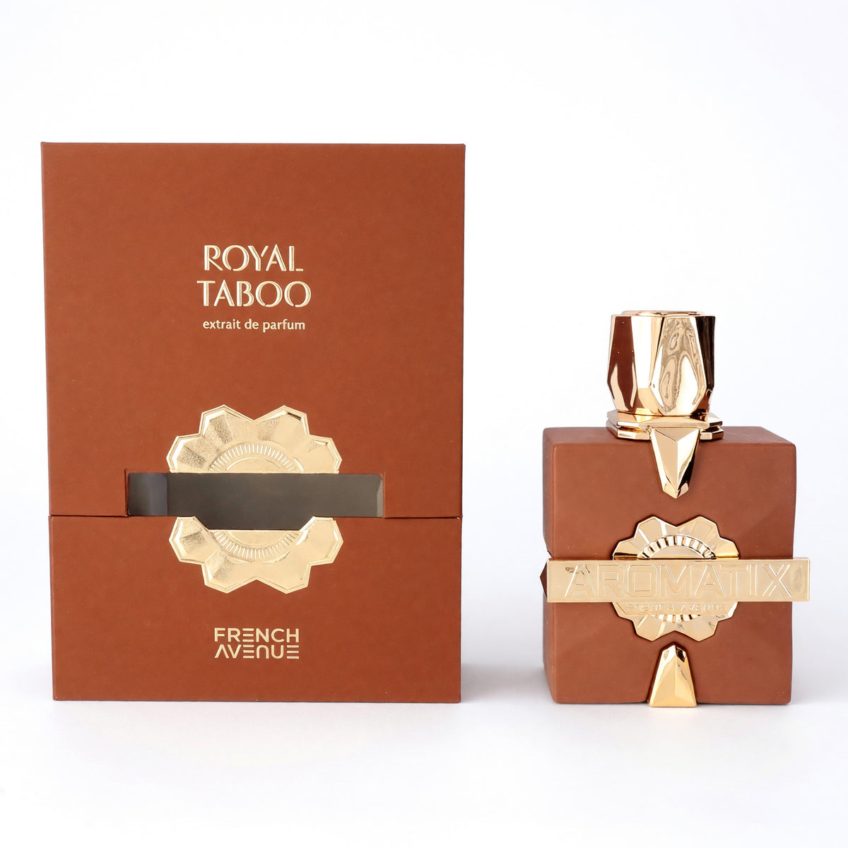 Royal Taboo extrait de parfum spray bottle and box, dark brown with gold emblem
