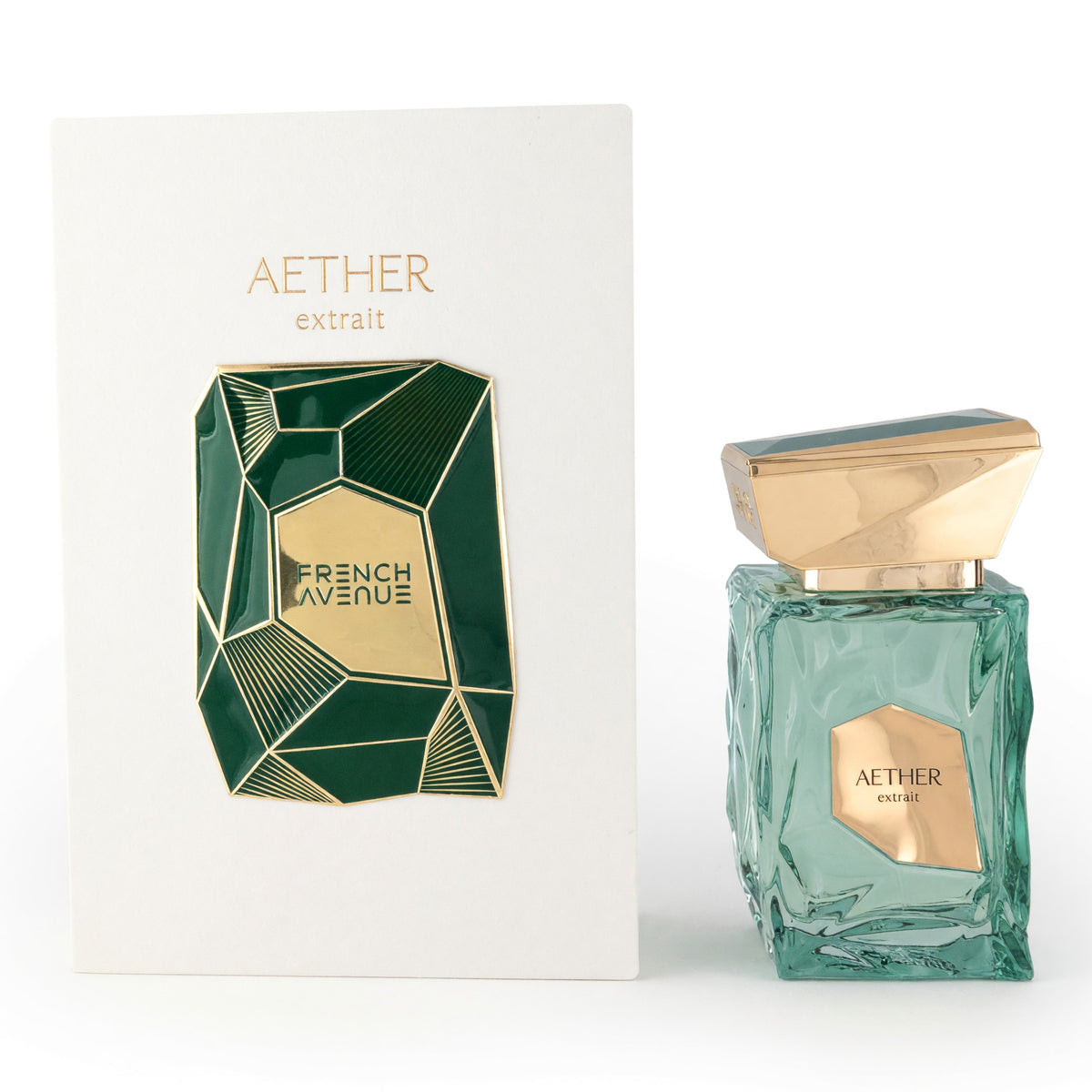 Aether extract eau de parfum spray bottle with box, teal glass and gold cap